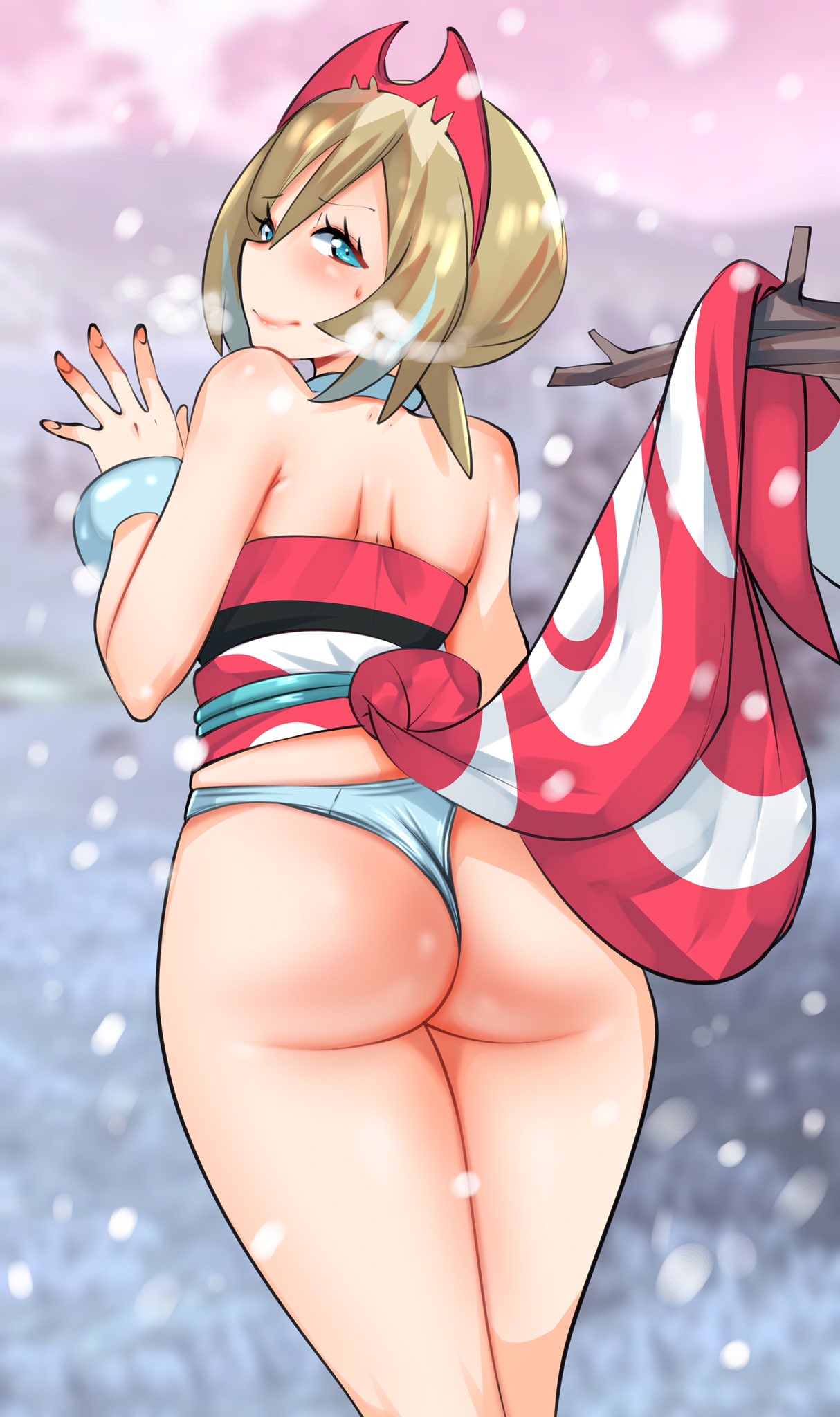 1girls, 2022, ass, ass focus, blonde hair, blue eyes, blush, bracelet, breasts, bubble ass, bubble butt, clothes stuck on object, fair skin, fair-skinned female, female, female focus, female only, fingernails, hair ornament, hi res, hips, irida (pokemon), kenron toqueen, large ass, light skin, light-skinned female, necklace, nintendo, octoosr, outdoors, panties, petite, pokemon, pokemon legends: arceus, short hair, slim waist, small breasts, snow, solo, solo female, solo focus, thick thighs, thighs, visible breath, wardrobe malfunction, white panties, wide hips, wristband