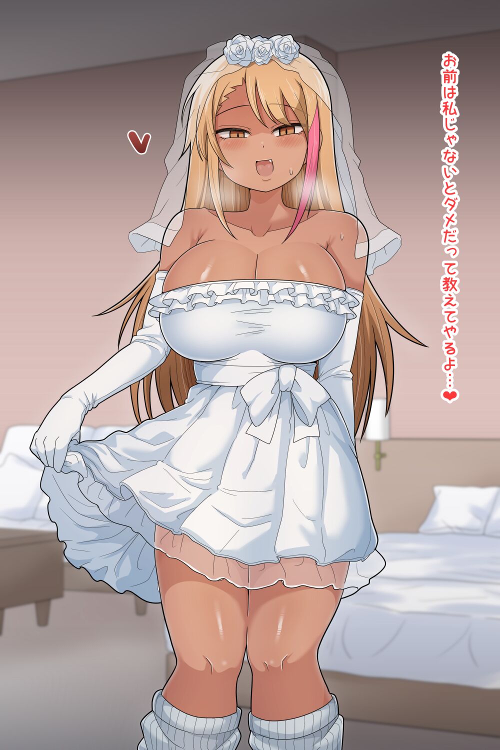 1girls, blonde hair, clothed, clothing, dakkoku jiro, dark skin, dark-skinned female, dialogue, elbow gloves, female, female only, fully clothed, gloves, gyaru, human, japanese text, kneehighs, loose socks, socks, solo, standing, text, translated, wedding dress, white socks