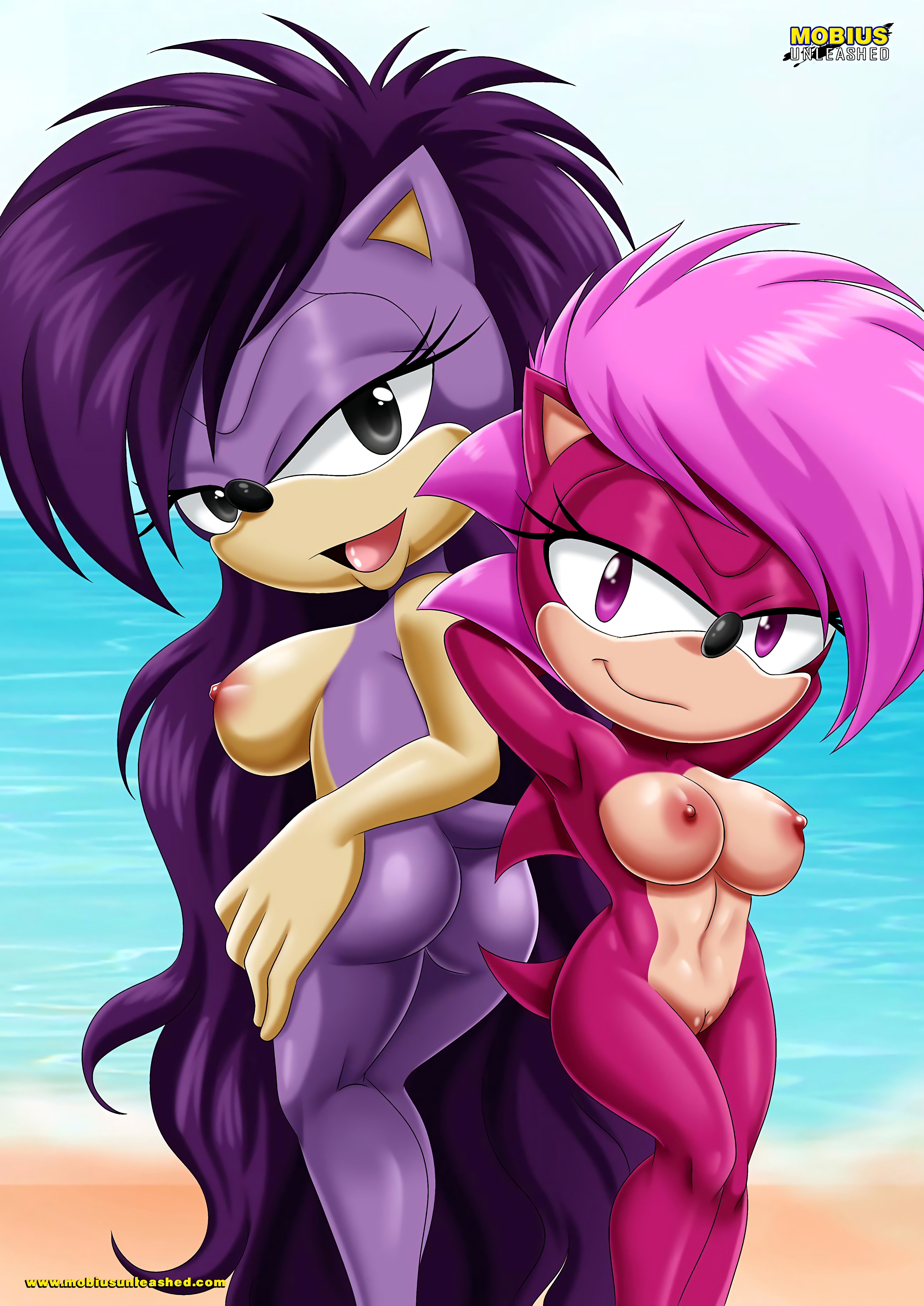 2girls, anthro, areola, ass, bbmbbf, beach, black eyes, breasts, eulipotyphlan, female, female only, furry, hands behind head, hedgehog, long hair, looking at viewer, milf, mobius unleashed, mother and daughter, nude, palcomix, pink hair, purple body, purple eyes, purple fur, purple hair, pussy, queen aleena, queen aleena hedgehog, royalty, seductive, sega, sideboob, sonia the hedgehog, sonic (series), sonic underground, teenage female, teenager