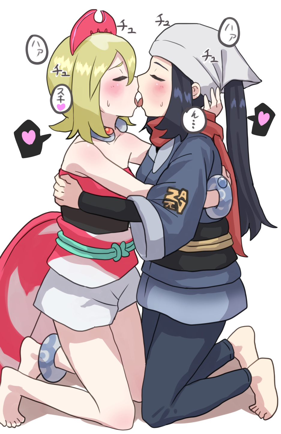 2girls, akari (pokemon), blue hair, blush, bracelet, closed eyes, clothed, clothed female, clothing, color, feet, female, female only, game freak, headband, headwear, heart, hug, irida (pokemon), kimono, kissing, kneeling, long hair, multiple females, multiple girls, nintendo, pampersmanv2, pokemon, pokemon legends: arceus, ponytail, scarf, short hair, speech bubble, sweat, text, tongue, tongue out, traditional clothes, white background, yuri