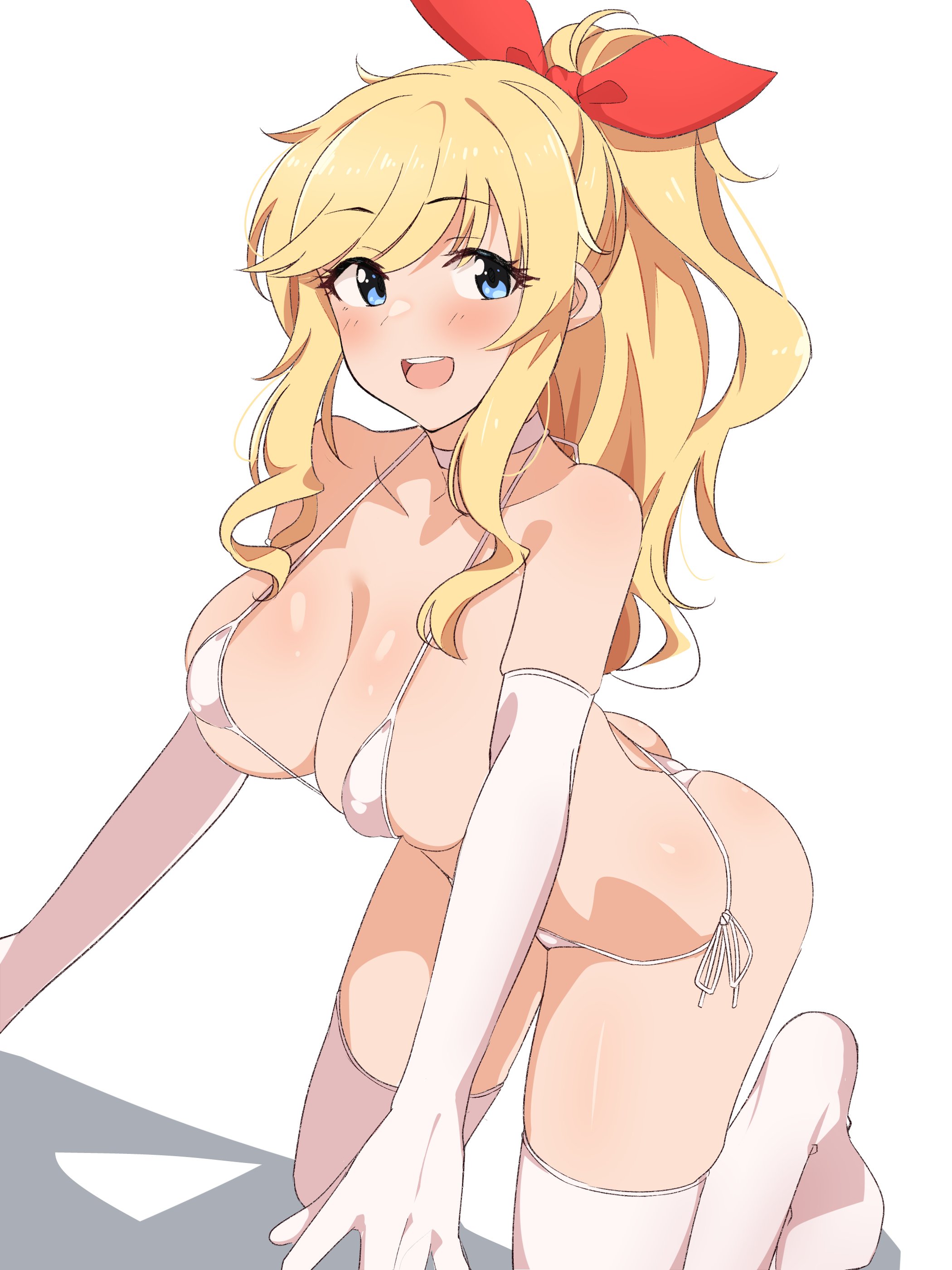 1girls, absurdres, bikini, blonde hair, blue eyes, breasts, cleavage, female, hair ribbon, high ponytail, highres, idolmaster, idolmaster cinderella girls, large breasts, ohtsuki yui, open mouth, red ribbon, ribbon, seihekiog, skindentation, socks, swimsuit, thigh socks, thighhighs, wavy hair, white bikini, white legwear, white socks