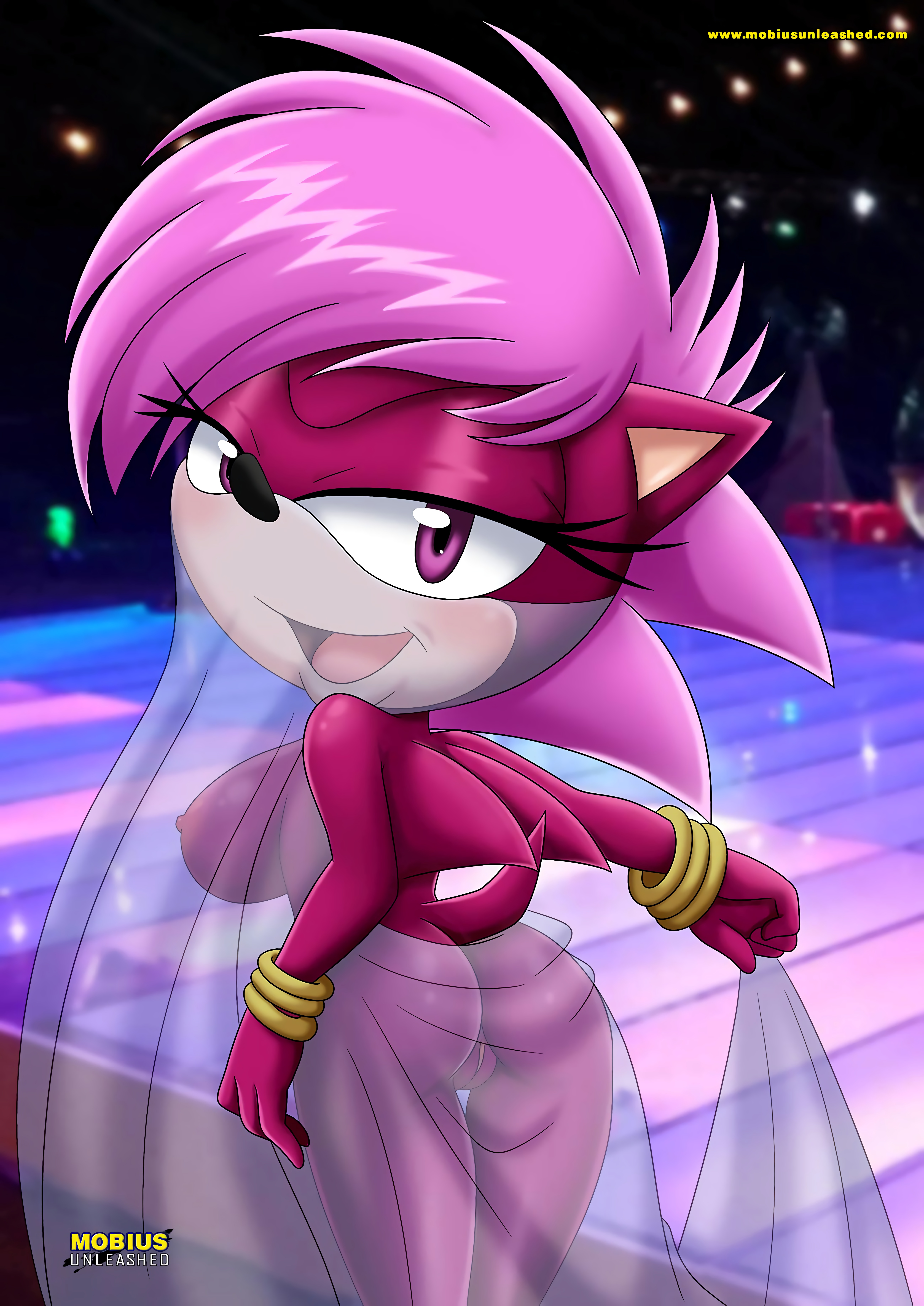 ass, bbmbbf, bracelets, breasts, detailed background, eulipotyphlan, female, furry, hedgehog, looking at viewer, looking back, mobius unleashed, palcomix, pink hair, purple body, purple eyes, purple fur, pussy, see-through clothing, sega, sideboob, solo, sonia the hedgehog, sonic (series), sonic underground, veil