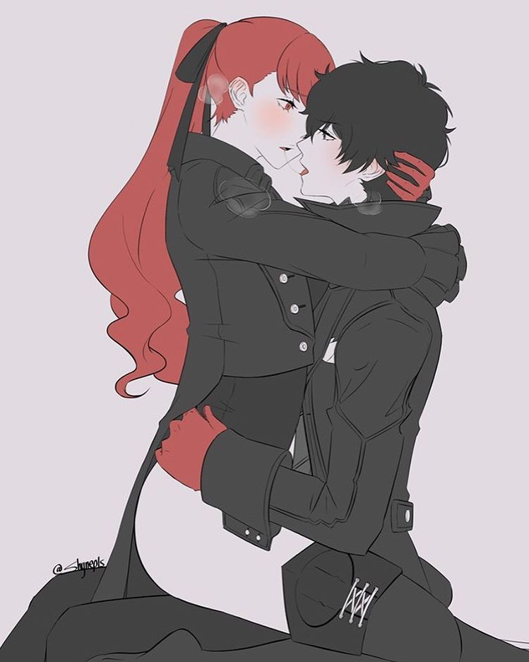 1boy, 1girls, akira kurusu, black hair, female, hugging, kasumi yoshizawa, kissing, leotard, male, persona, persona 5, persona 5 royal, phantom thief suit, ponytail, red hair, ren amamiya, shynepls, sitting on lap, sumire yoshizawa, wholesome