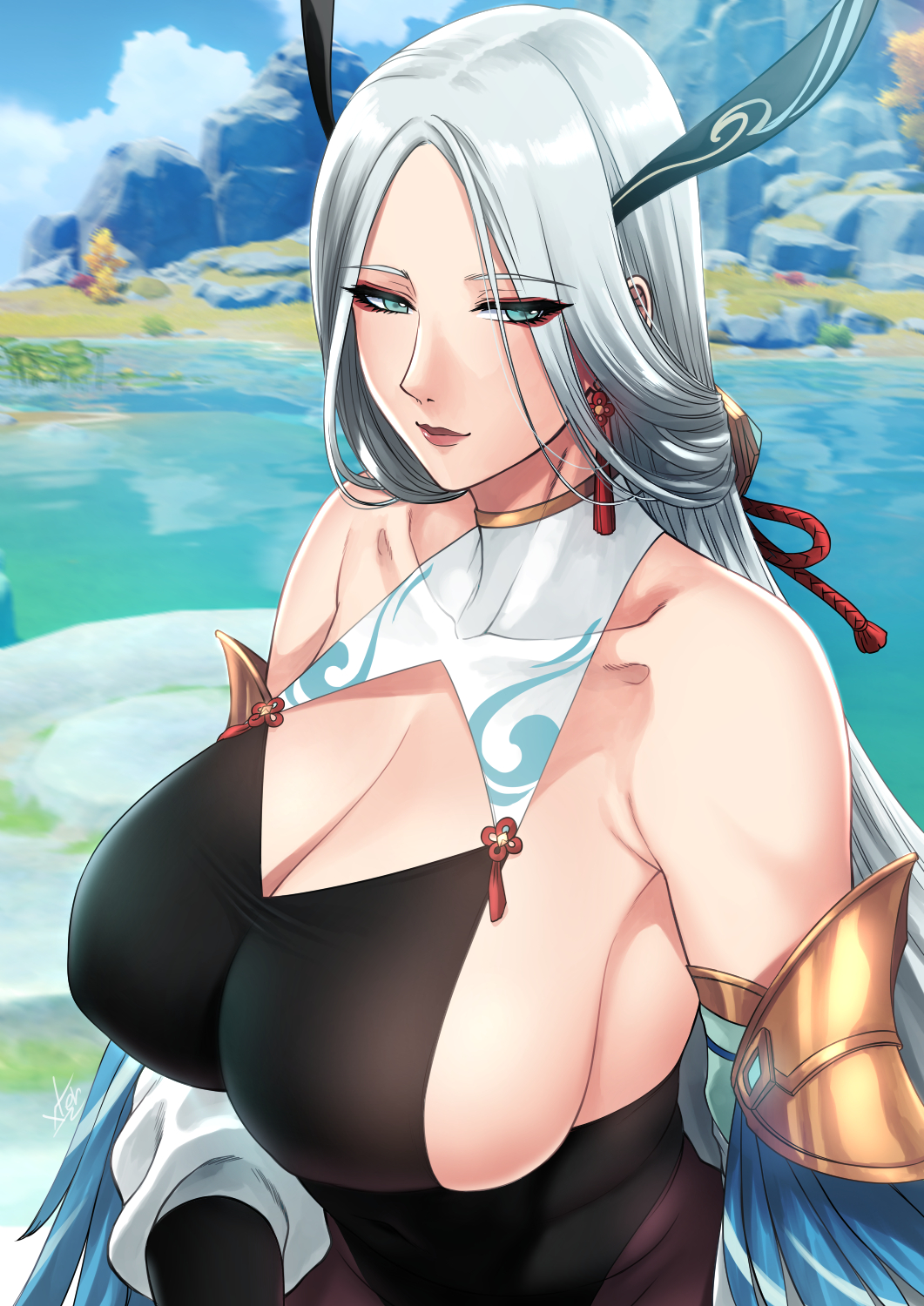 1girls, big breasts, blue eyes, breasts, cleavage, female, genshin impact, huge breasts, milf, shenhe (genshin impact), sideboob, upper body, white hair, xtermination