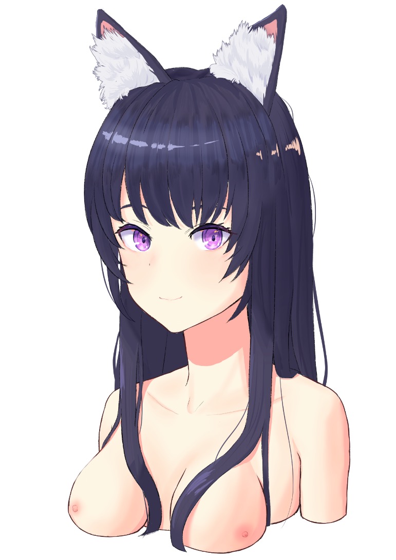 1girls, 2022, bangs, breasts, color, dark blue hair, delta (the eminence in shadow), dog ears, female, female only, hcky, kage no jitsuryokusha ni naritakute!, long hair, looking at viewer, medium breasts, nexus (studio), nipples, nude, nude female, purple eyes, simple background, smile, smiling at viewer, solo, the eminence in shadow
