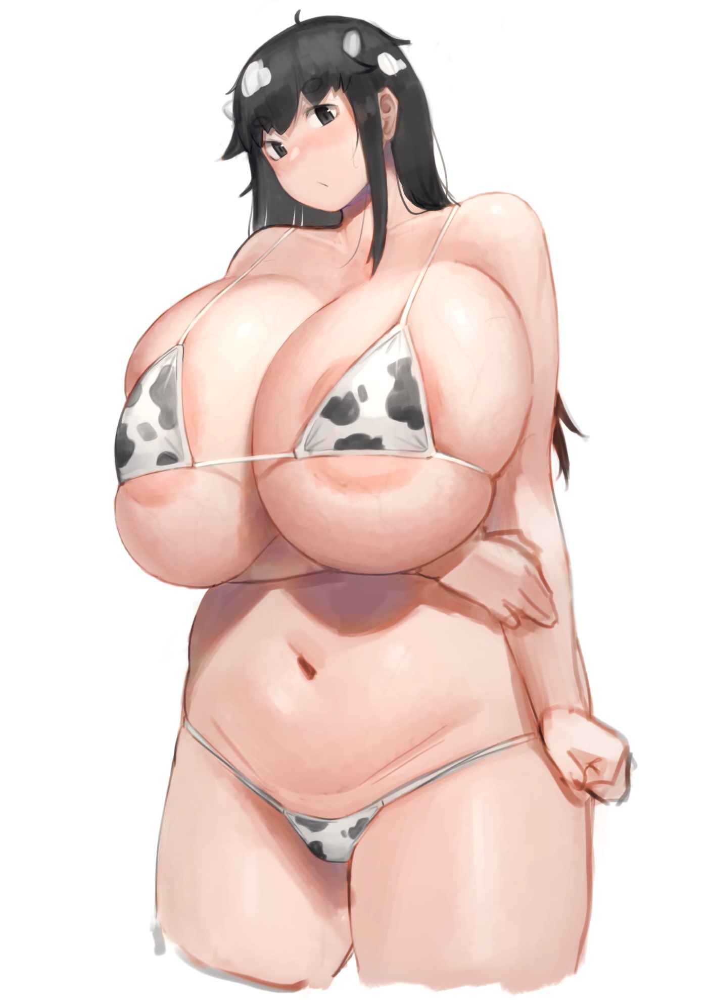 areola slip, areolae, bangs, black eyes, black hair, blush, breast hold, breasts, cleavage, collarbone, cow bikini, cow girl, cow horns, cowboy shot, eyebrows visible through hair, female, gigantic breasts, groin, highres, horns, huge areolae, long hair, looking at viewer, navel, original, oruka (kamituki0827), plump, sidelocks, simple background, skindentation, solo, standing, thick eyebrows, thick thighs, thighs, veins, veiny breasts, white background, wide hips
