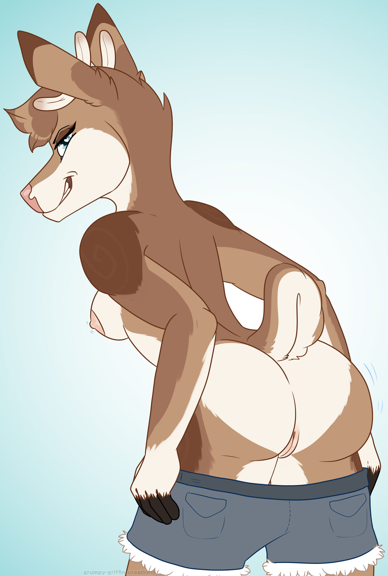 anthro ass bottomwear breasts brown_body brown_fur cervid clothing female female_only flashing fur furry furry_only genitals grumpy_griffin_creations hi_res mammal mooning mostly_nude naked nude pussy shorts shorts_down solo tail topless undressing