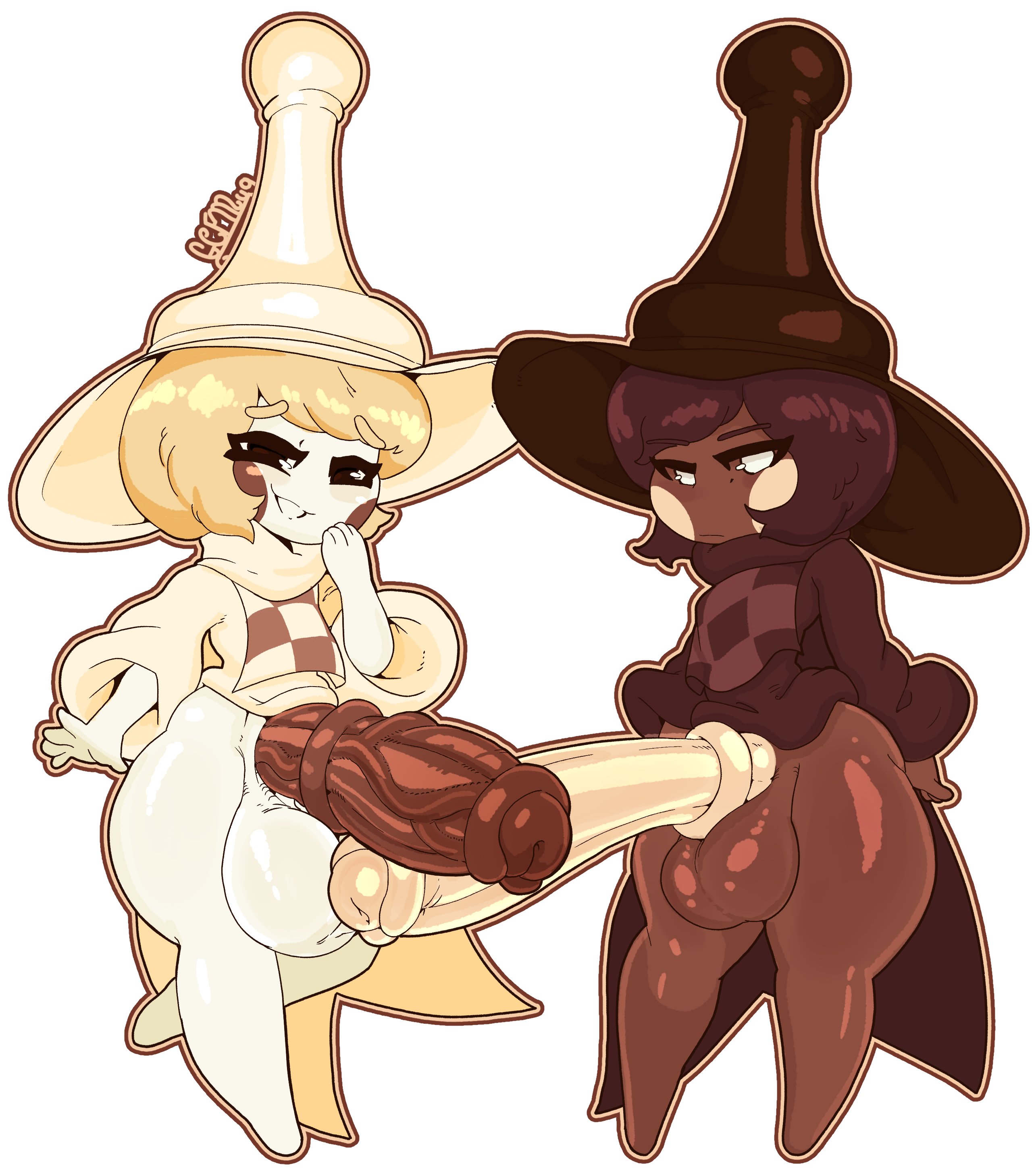 2futas, alternate version at source, androgynous, balls, bottomless, brown skin, chess choco cookie, clothed, clothing, cookie run, duo, erection, femboy, food creature, futanari, gcfmug, horsecock, huge balls, huge cock, humanoid, hung trap, intersex, long penis, male, male only, mostly nude, partially clothed, penis, shortstack, shortstack femboy, standing, thick thighs, white skin, wide hips, yaoi