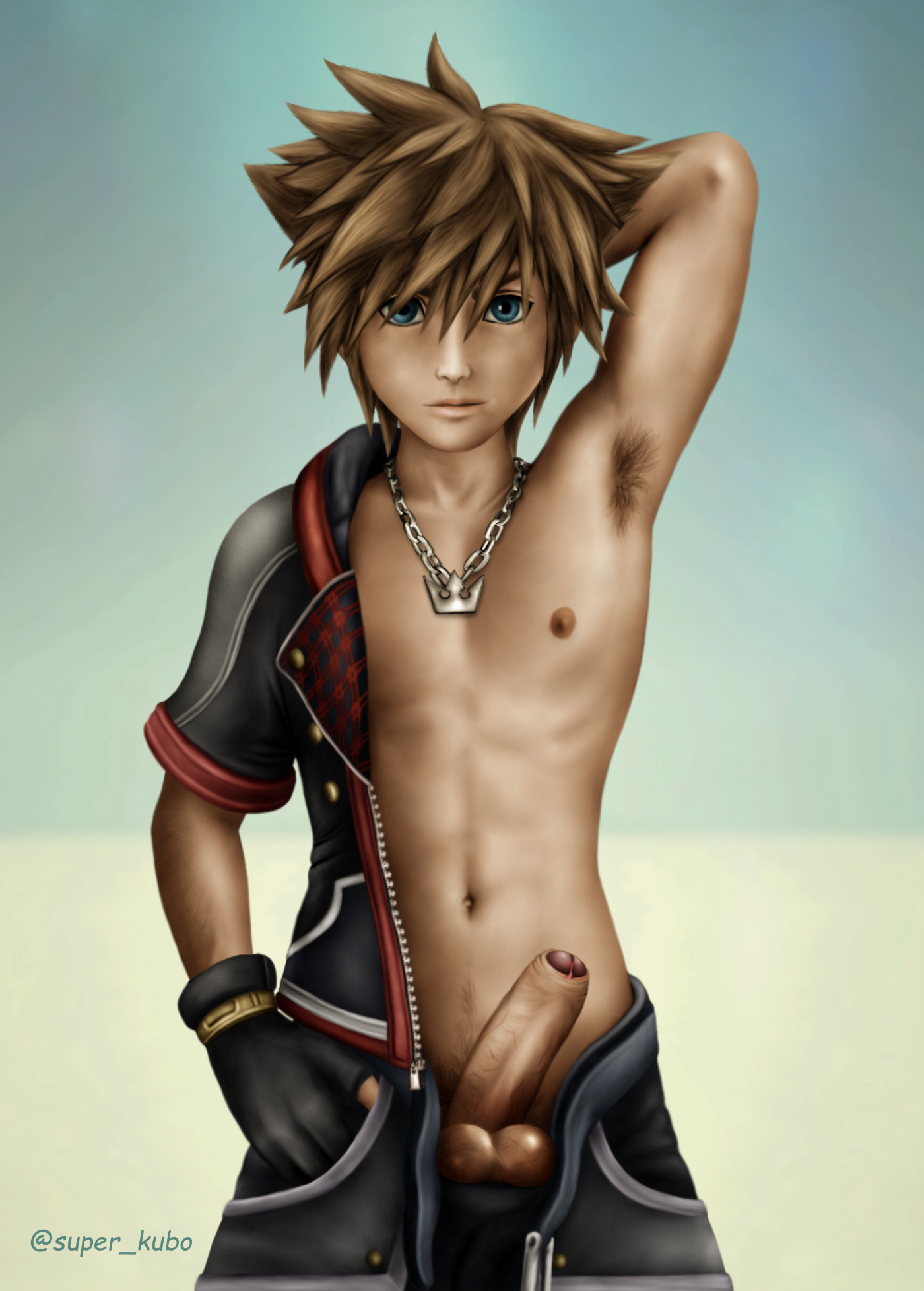 1boy, armpit, armpit hair, balls, ballsack, blue eyes, brown hair, clothing, erection, foreskin, gloves, human, kingdom hearts, male, male nipples, male only, male pubic hair, necklace, nipples, partially retracted foreskin, penis, pubic hair, racing suit, retracted foreskin, scrotum, short hair, smooth skin, smooth skinned male, solo, sora, sora (kingdom hearts), testicles, thick penis, uncircumcised, uncut, undressing, veiny penis