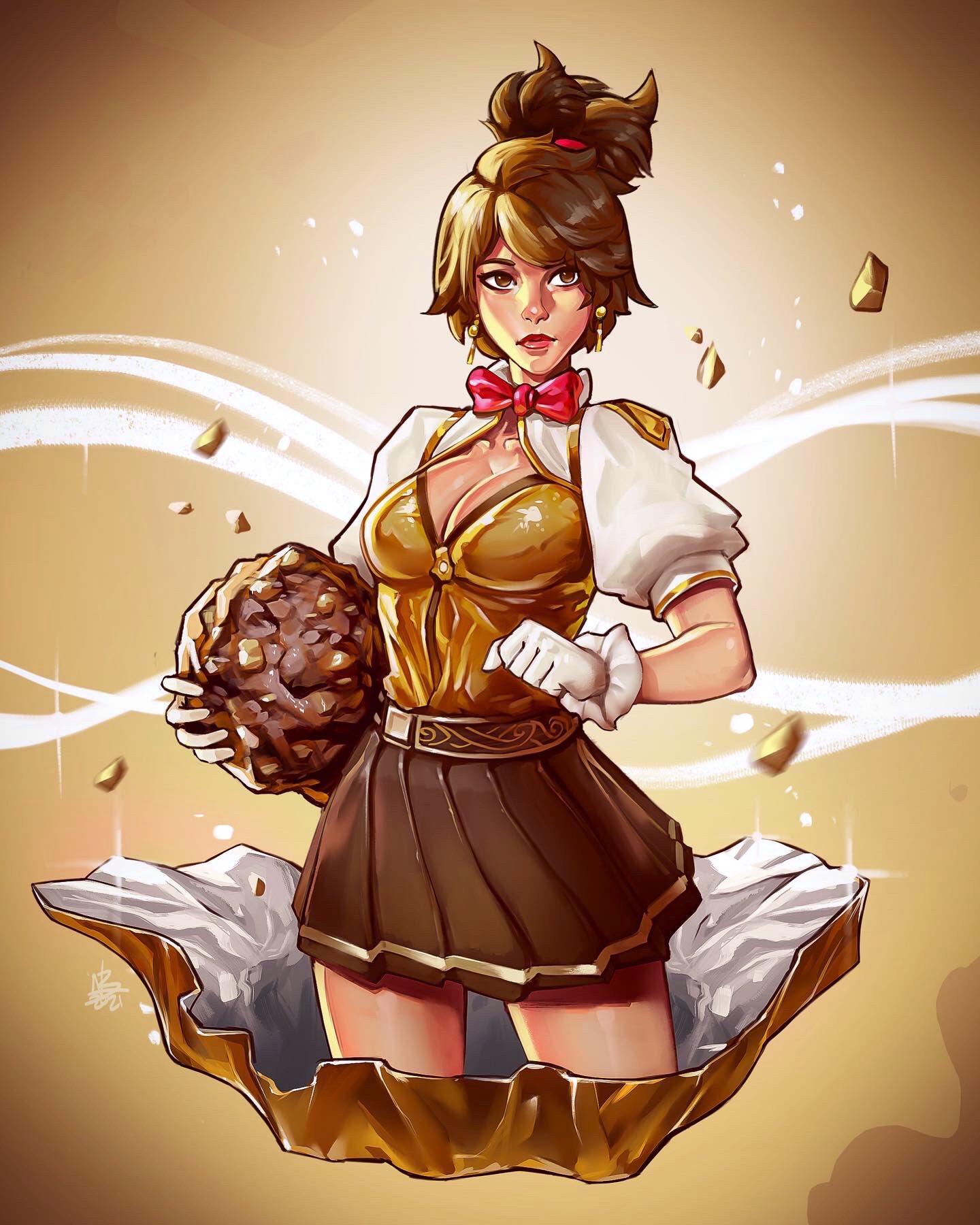 1girls breasts brown_hair brown_skirt chocolate cleavage clothed ferrero_rocher gijinka gloves medium_breasts n3tninja personification solo