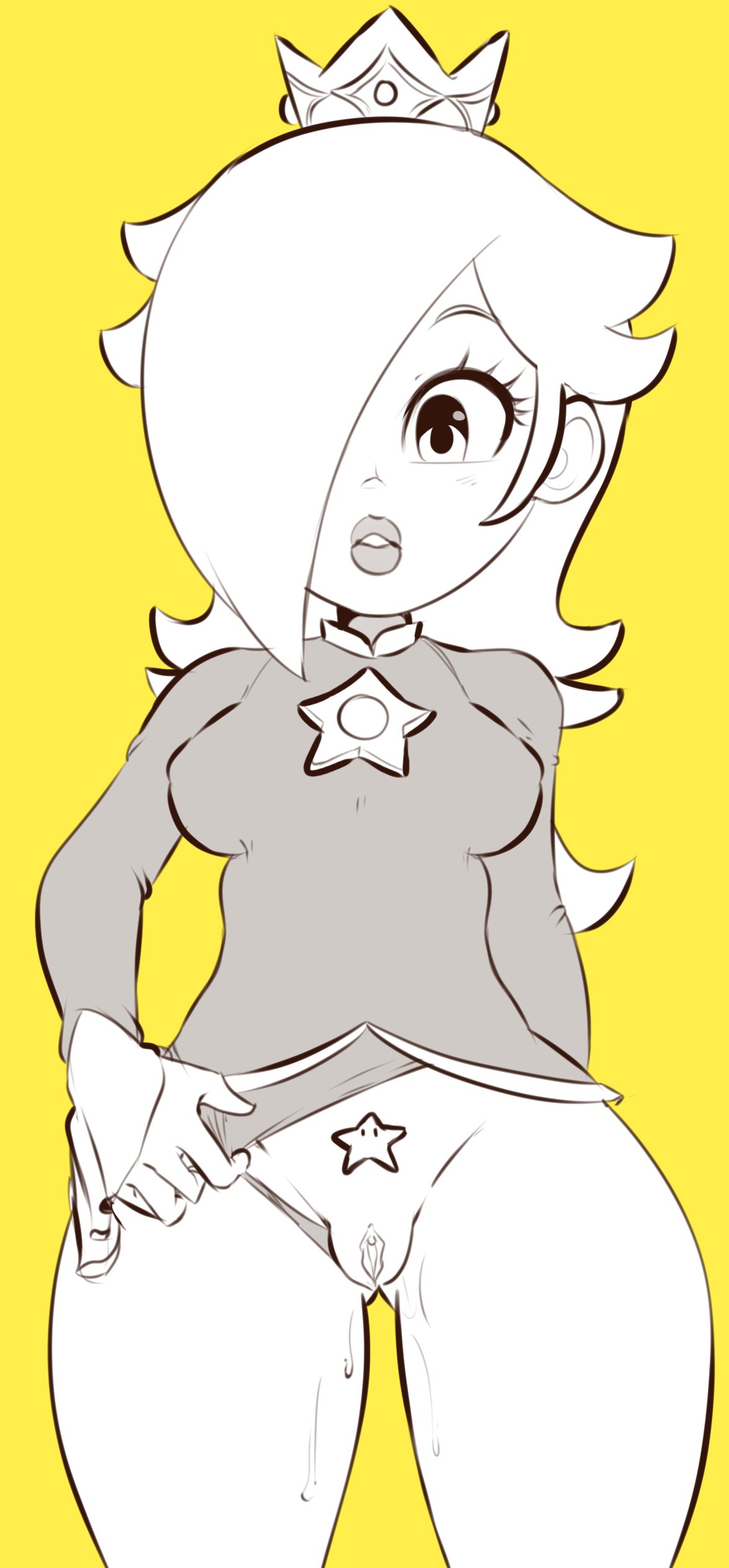 black and white, clothed, female, mario (series), monochrome, panties, panties aside, presenting, presenting pussy, princess rosalina, pussy, simple background, solo, super mario galaxy, tenshigarden, yellow background