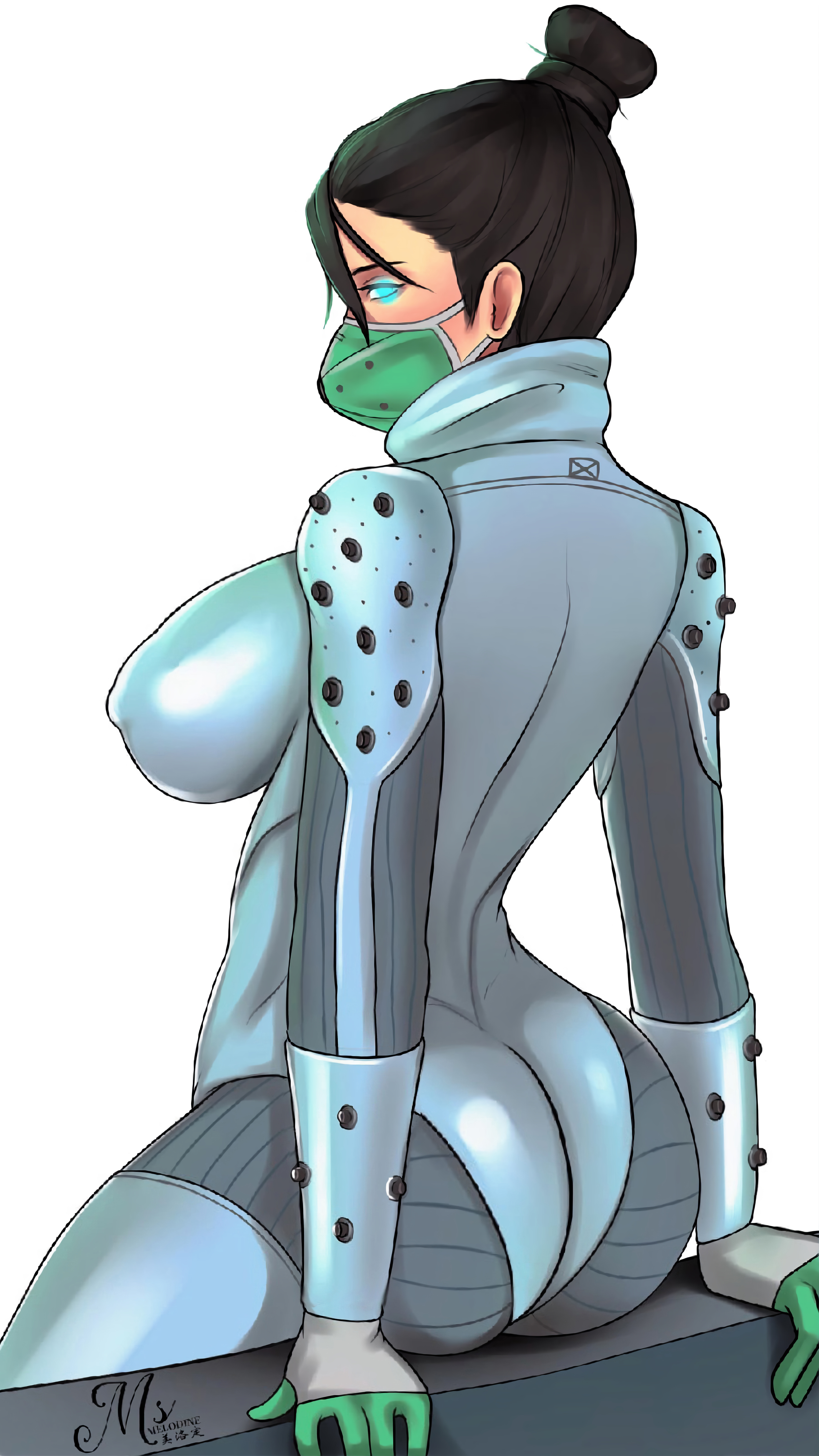 2d, 9:16, absurd res, alternate breast size, apex legends, ass, back view, big ass, big breasts, big butt, big hips, big thighs, breast hold, breasts, bubble ass, bubble butt, bursting breasts, bursting butt, female, gigantic ass, gigantic butt, hi res, huge ass, huge breasts, huge butt, looking at another, outgrowing clothes, simple background, skin tight, skin tight suit, stretched clothing, thick, thick ass, thick hips, thick thighs, tight clothes, tight clothing, tight pants, tights, viewed from behind, wraith (apex legends), wraith quarantine 722