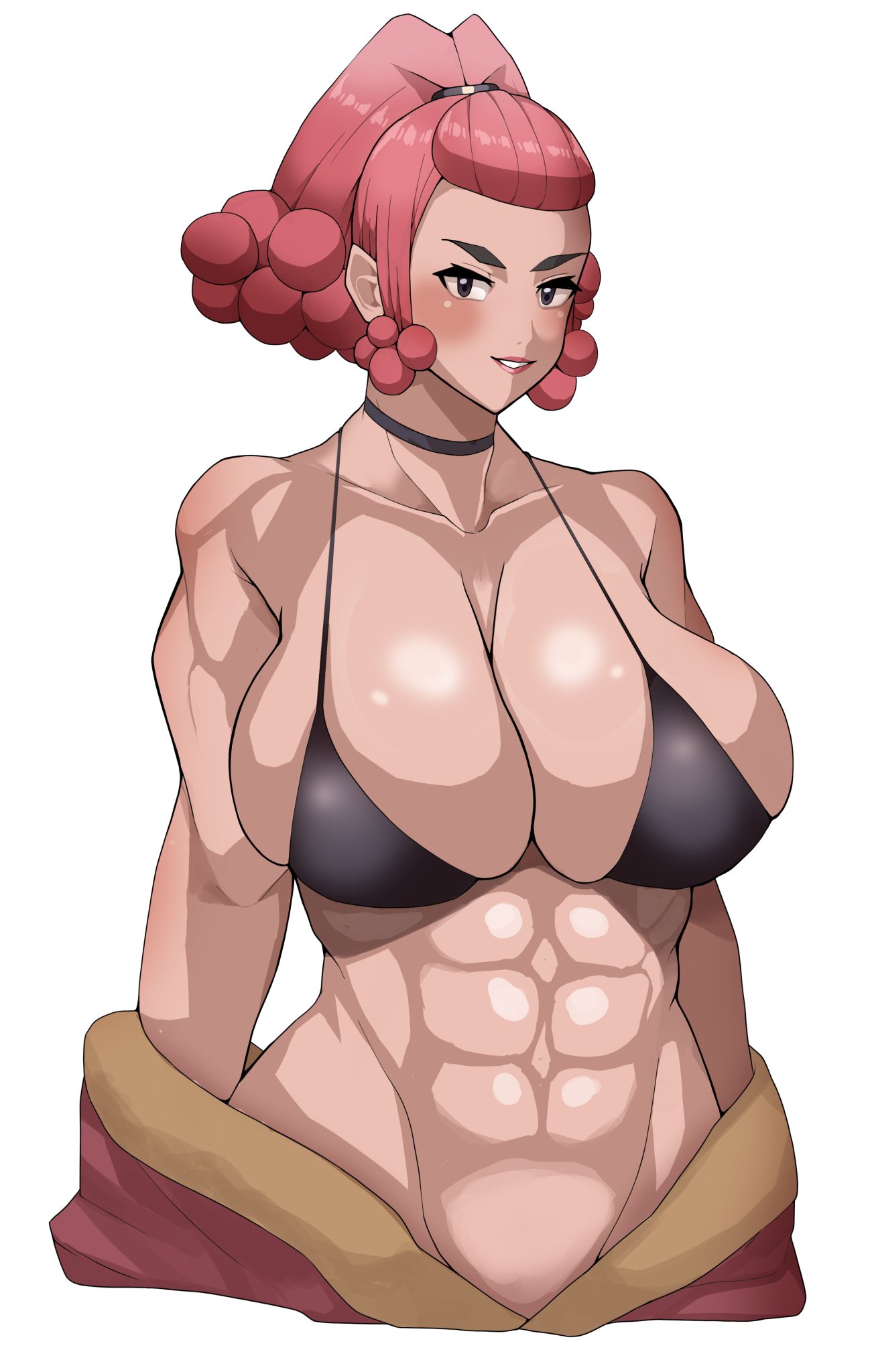 abs alternate_breast_size big_breasts bikini blush breasts choker collarbone hair_tie huge_breasts looking_at_viewer muscular_female navel nipples_visible_through_clothing perilla_(pokemon) pokemon pokemon_legends:_arceus red_hair smile undressing yamadare zisu_(pokemon)