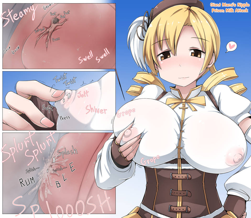 1boy 1boy1girl 1girls absurd_res absurdres blonde_hair breasts drill_hair english_text erect_nipples erect_nipples_under_clothes female female_focus flower flower_in_hair giantess hetero high_resolution highres huge_breasts human human_only lactation mahou_shoujo_madoka_magica male mami_tomoe miniguy nipple_bulge puella_magi_madoka_magica see-through see-through_clothing self_fondle teradaochiko tomoe_mami translated unseen_male_face yellow_hair