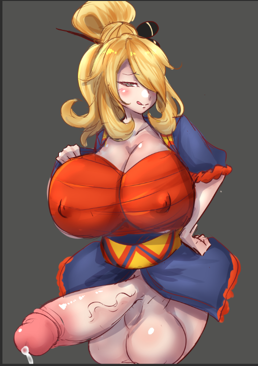 1futa alternate_breast_size alternate_outfit balls big_breasts blonde_hair bottomless breasts clothed clothing cynthia_(pokemon) erection futa_only futanari huge_balls huge_breasts huge_cock human large_breasts large_penis light-skinned_futanari light_skin mostly_clothed nintendo nipples_visible_through_clothing pale_skin penis pokemon pokemon_dppt precum shiroihagane solo standing testicles tied_hair uncensored