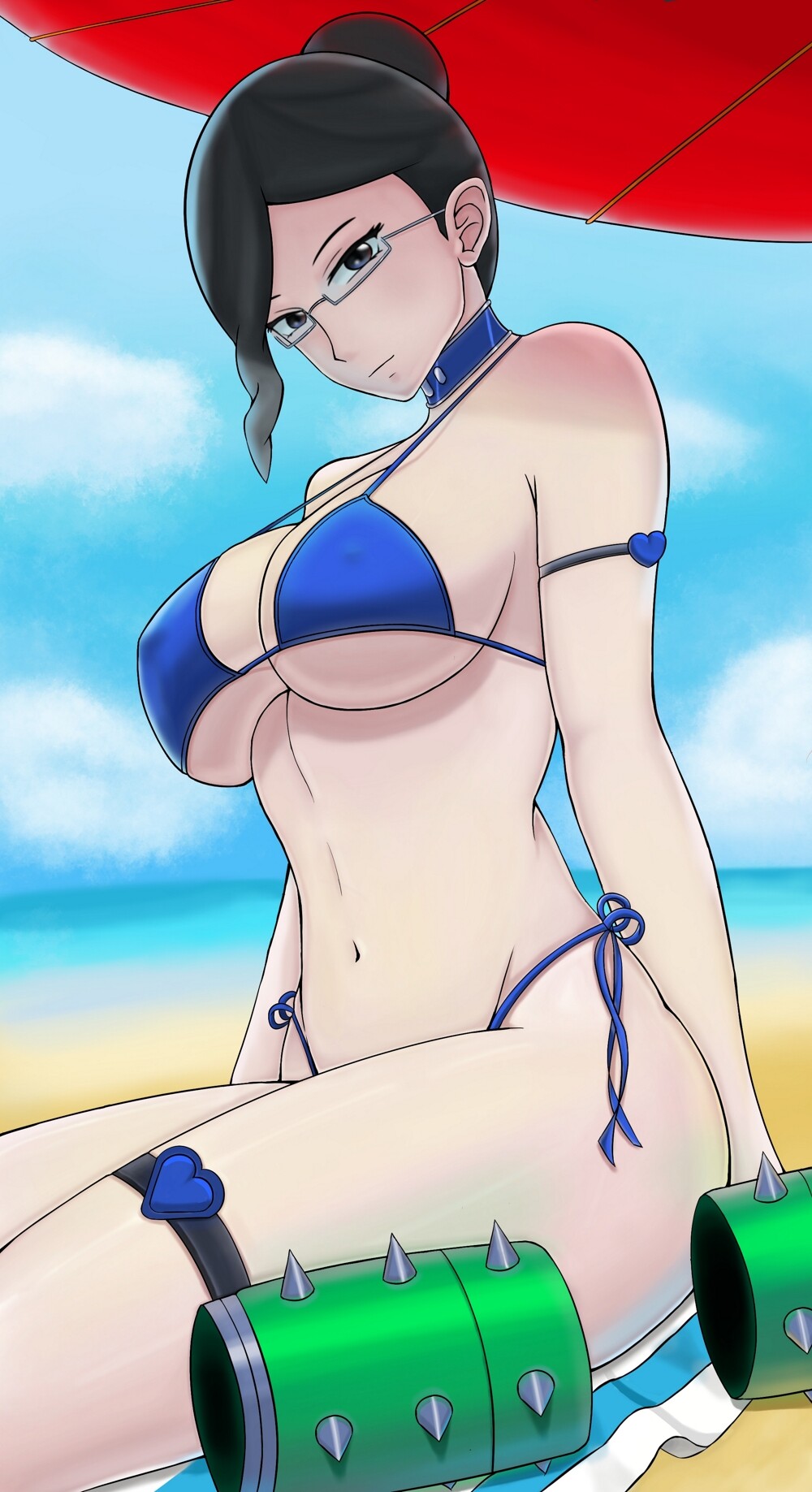 1girls, arm strap, beach, belly button, big breasts, bikini, black hair, blue bikini, breasts, choker, feiky, female, female only, glasses, hair bun, hi res, light skin, light-skinned female, looking at viewer, overlord (maruyama), pale skin, pale-skinned female, shadow, slim, thigh strap, umbrella, yuri alpha