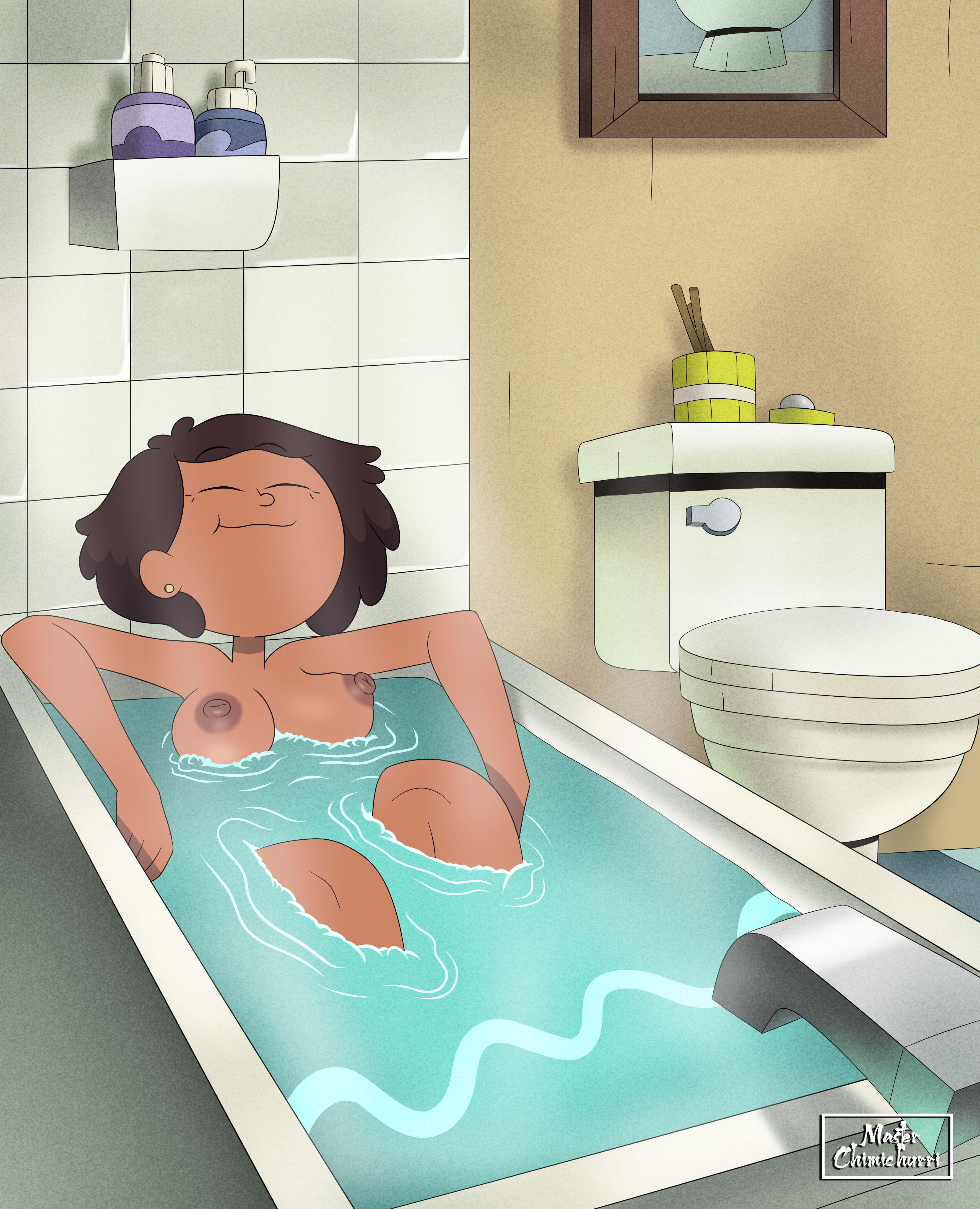 1girls, amphibia, bath, bathing, bathroom, bathtub, big breasts, breasts, canonical scene, closed eyes, dark skin, dark-skinned female, disney, disney channel, disney xd, female, female only, master chimichurri, mature female, milf, mother, mrs. boonchuy, nipples, oum boonchuy, partially submerged, pleasure face, relaxing, smooth skin, solo, straight hair