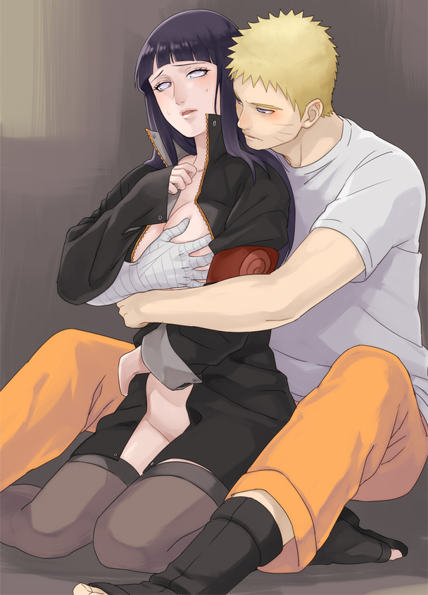 1boy 1boy1girl 1girls bandaged_arm bandages blonde_hair breast_grab breasts couple cuddling facial_mark grabbing hal_(sakurajam) hug hyuuga_hinata jacket large_breasts lavender_eyes naruto naruto:_the_last naruto_(series) naruto_shippuden no_bra no_panties orange_pants pants purple_hair sitting spiked_hair thighhighs uzumaki_naruto whisker_markings whiskers white_shirt