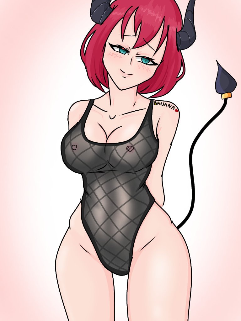 banana_onegai drawn green_eyes horns nipples_visible_through_clothing red_hair rose_azuki sct_project succubus transparent_clothing virtual_youtuber