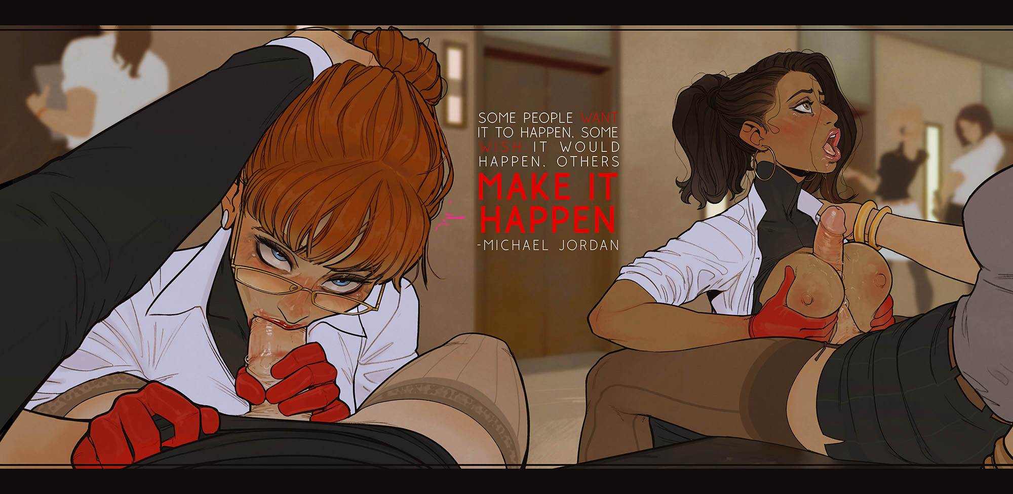 2futas, 2girls, black hair, blowjob, blue eyes, breast squeeze, breasts, breasts out, brown hair, charlene (incase), cleavage cutout, competition, dark skin, dark-skinned female, dark-skinned futa, duo focus, english text, exhibitionism, eyeshadow, fellatio, female, female focus, futa on female, futa pov, futanari, glasses, gloves, green eyes, group sex, hair bun, hair grab, hoop earrings, incase, interracial, intersex, large breasts, latina, light skin, light-skinned female, lipstick, lipstick ring, looking at viewer, looking up, mascara, mascara tears, multiple penises, nipples, no bra, no panties, office, office lady, oral, oral sex, orange hair, original, paizuri, penis, ponytail, pov, public use, red gloves, red hair, red lipstick, thighhighs, titjob