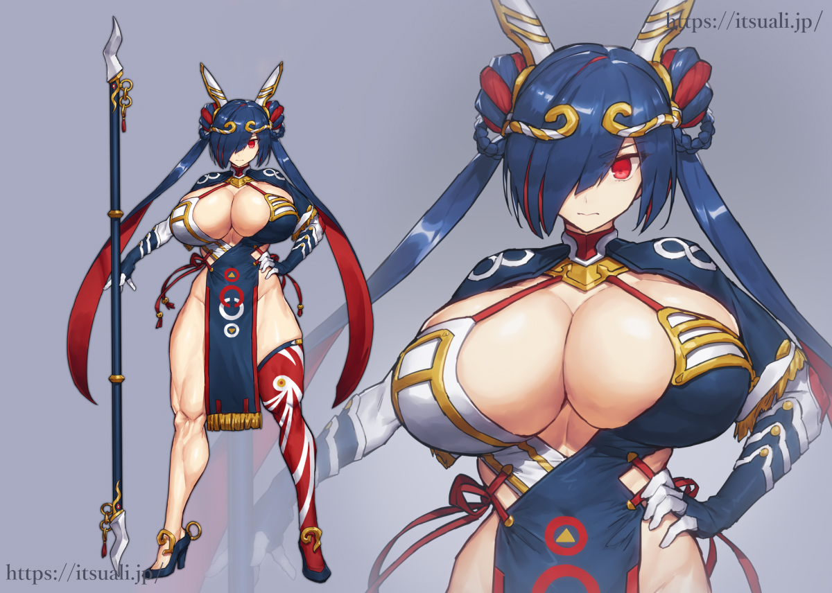 big breasts, blue hair, breasts, cleavage, curvy, female, hair ornament, hair over one eye, hand on hip, huge breasts, looking at viewer, melon22, muscular, muscular female, muscular thighs, original, red eyes, staff, thick thighs, twintails, wide hips