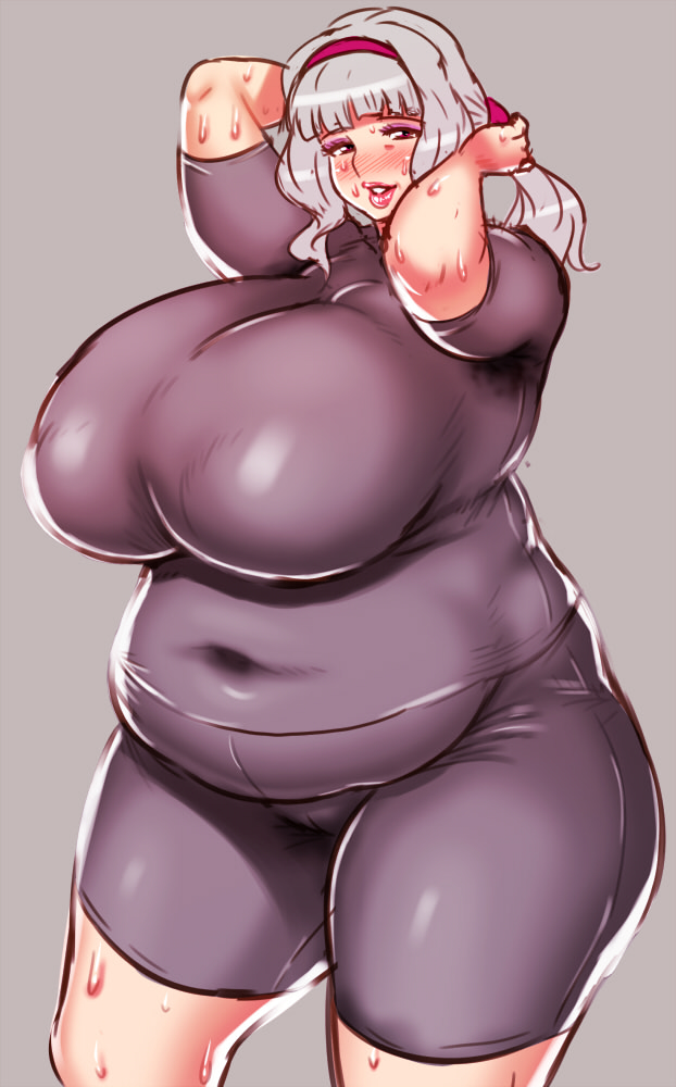 alternate_version_available arms_up bbw belly blush bodysuit breasts cameltoe chubby eyeshadow female female_only fully_clothed hairband hips huge_breasts idolmaster lipstick long_hair makeup navel older_female overweight overweight_female ponytail shijou_takane silver_hair skin_tight solo standing sweat sweat_stain thick_thighs thighs tight_clothing wide_hips yokkora