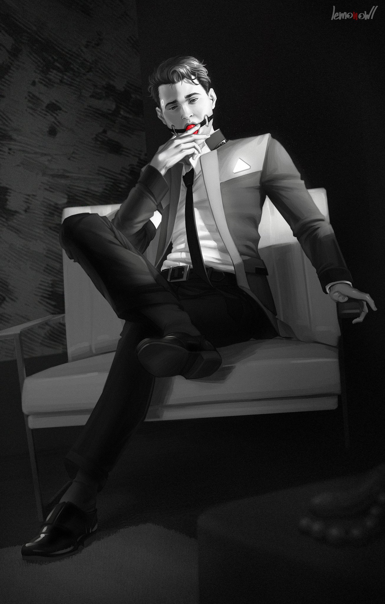 1boy, ball gag, black and white, collared shirt, color, connor (detroit: become human), couch, crossed legs, dark hair, detroit: become human, dress shirt, fully clothed, gag, gagged, legs apart, lemonowl, male, male focus, male only, naughty face, open legs, safe, shoes, short hair, sitting, tie