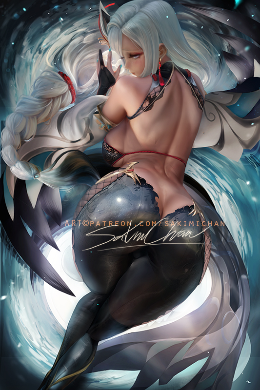 1girls, 2022, alternate version available, artist signature, ass, ass focus, ass shot, back, back view, backboob, backless outfit, bodystocking, braided hair, breasts, bubble ass, bubble butt, clothed, clothed female, female, female only, genshin impact, hips, huge ass, huge breasts, long hair, sakimichan, shenhe (genshin impact), slim waist, thick thighs, thighs, watermark, white hair, wide hips, zoomed view