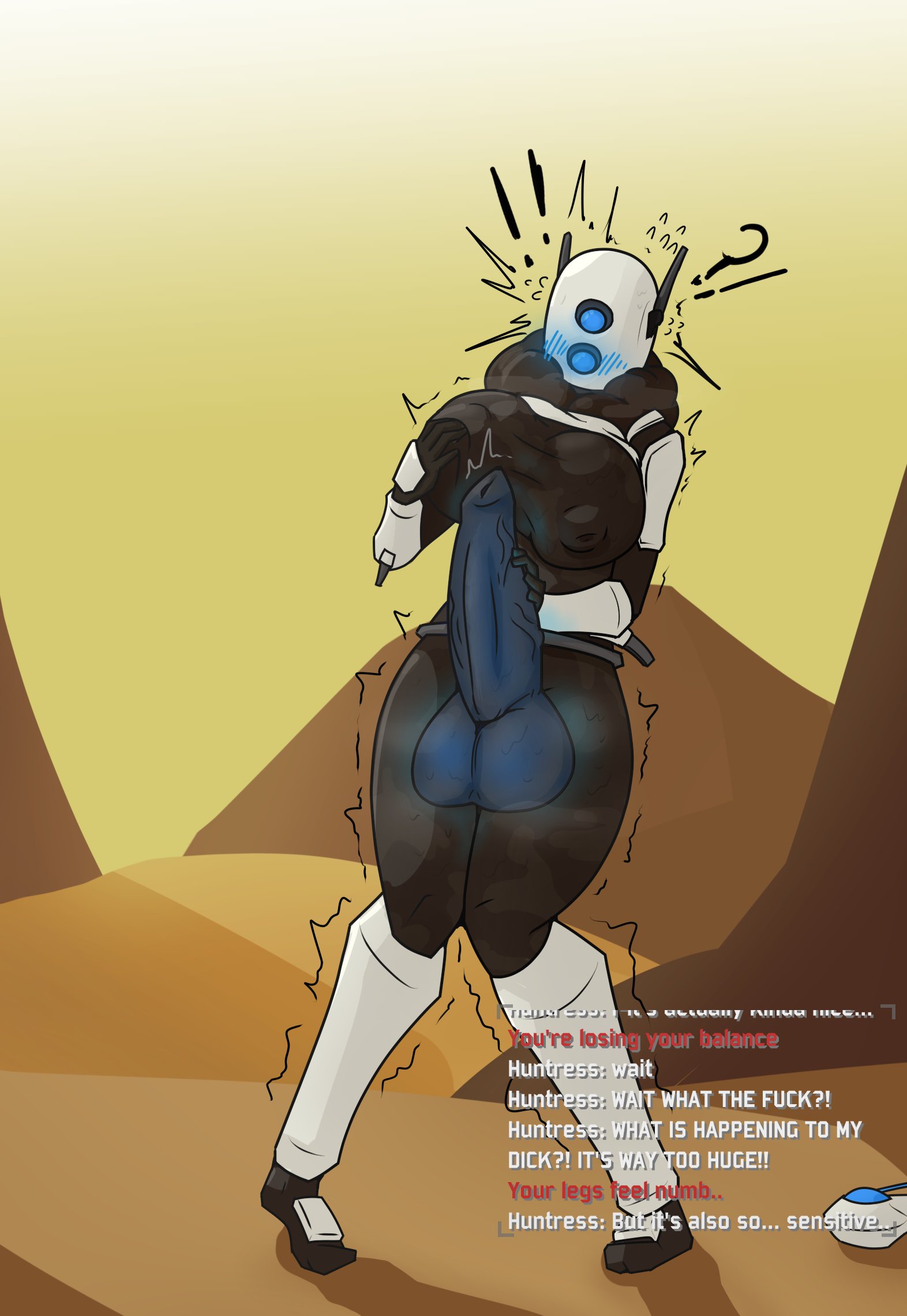 1futa, balls, balls expansion, balls growth, balls growth (enlargement), big breasts, bodysuit, breasts, clothed, clothing, dialogue, full body, fully clothed, futa only, futanari, gameplay mechanics, genital expansion, genital growth, genital growth (enlargement), glowing, glowing penis, helmet, huge balls, huge cock, huntress (risk of rain), intersex, knees together feet apart, outside, penis, penis expansion, penis growth, penis growth (enlargement), risk of rain, risk of rain 2, sensitive, sensitivity heightening, solo, standing, tagme, text, thiccrobots, thick thighs, trembling, twitch lines, wide hips