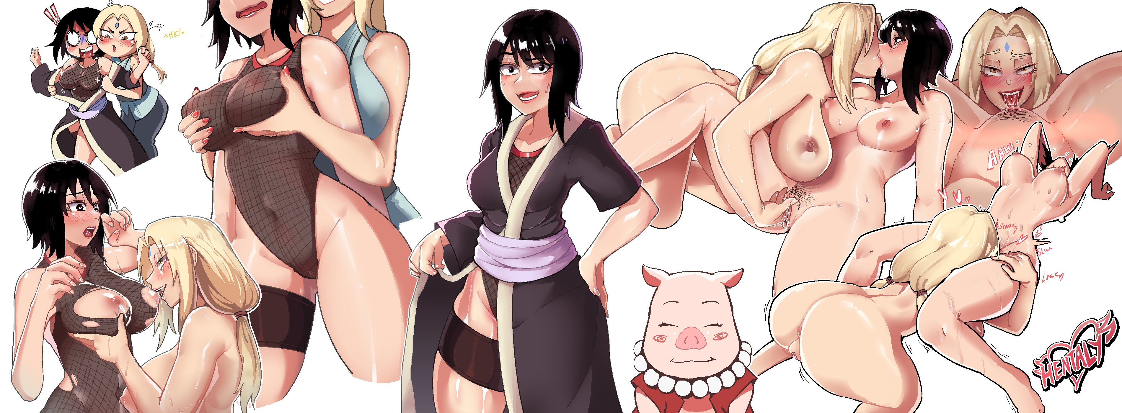2girls, anus, areolae, big breasts, black hair, blonde hair, blush, breast grab, breast squeeze, breasts, completely nude, cunnilingus, eating pussy, female, female only, fucked silly, hentaly, huge breasts, licking, licking pussy, long hair, multiple females, multiple girls, naruto, naruto (series), nipples, nude, oral, pubic hair, pussy, shizune, textless, thick thighs, thighs, tsunade, yuri