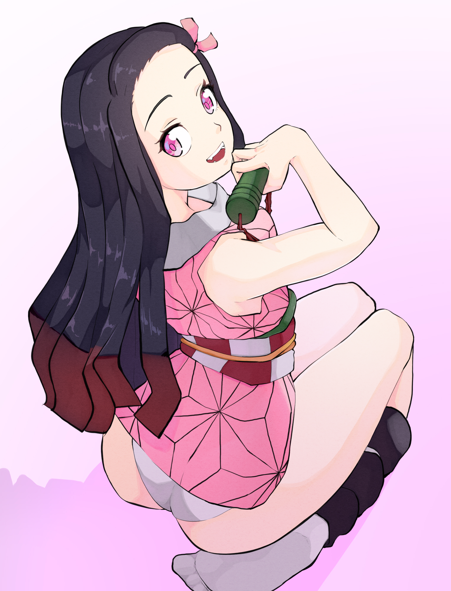 1girls, ass, bk d, black hair, demon, demon girl, demon slayer, eye contact, feet, female, female only, full body, gag bondage, gag removed, gradient background, hair ribbon, high-angle view, japanese clothes, kamado nezuko, kimetsu no yaiba, long hair, looking at viewer, mouth gag, obi, open mouth, panties, pink eyes, seiza, sleeveless, smile, socks, solo, thick thighs, thighs, two-tone hair, white panties