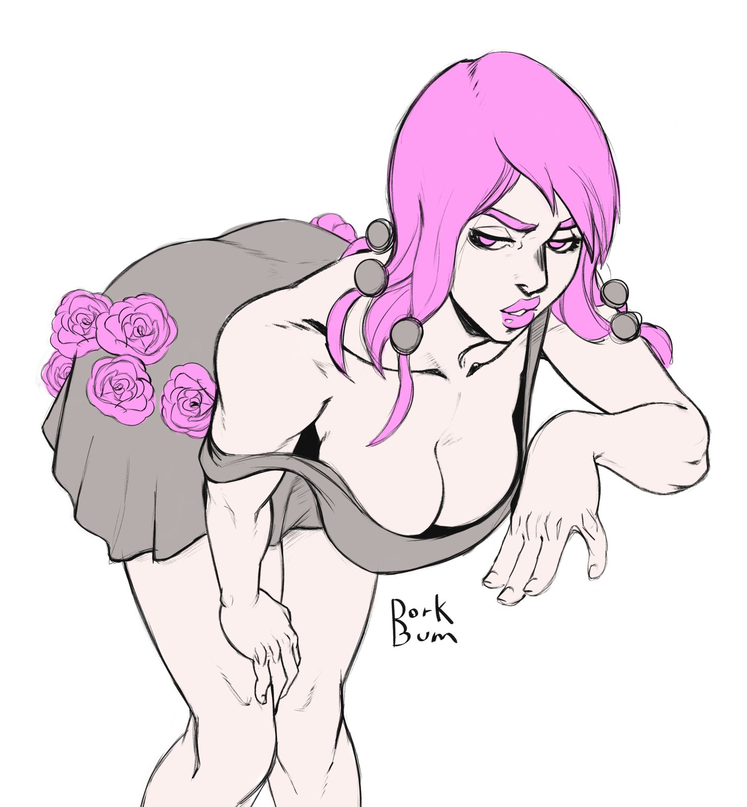 1girls, ass, bent over, big ass, big breasts, big lips, breasts, dorkbum, female, female focus, female only, jojo's bizarre adventure, jojolion, light skin, light-skinned female, lipstick, loose clothes, loose shirt, pink eyes, pink hair, pink lipstick, simple background, skirt, solo, solo female, solo focus, thighs, white background, yasuho hirose