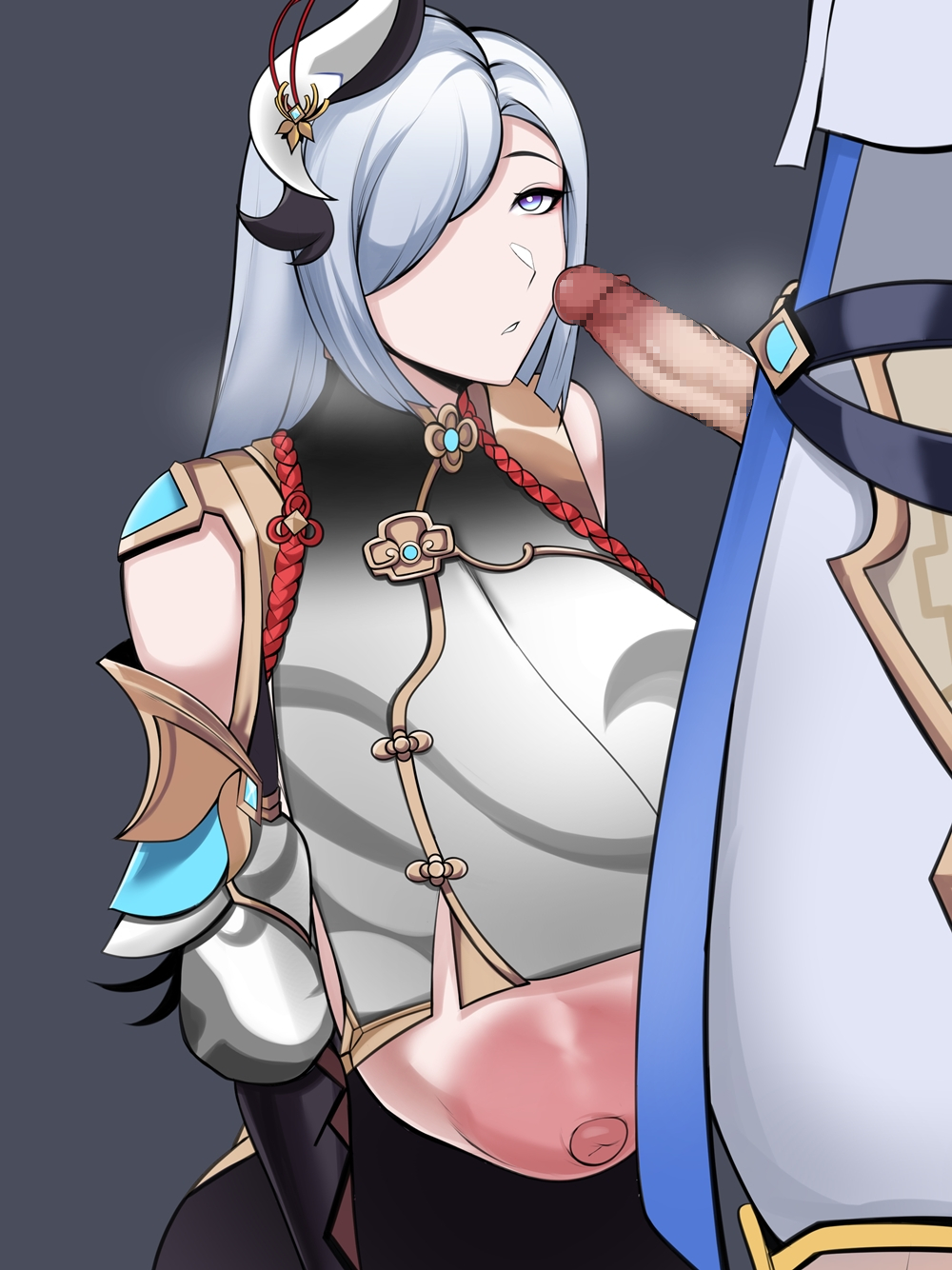 1boy, 1girls, areolae, big breasts, blue hair, breasts, censored, chongyun (genshin impact), female, genshin impact, grey background, hair ornament, huge breasts, leotard, long hair, male, mosaic censoring, nipples, owner (artist), penis, shenhe (genshin impact), short hair, silver hair, thick thighs, thighs, voluptuous, wide hips