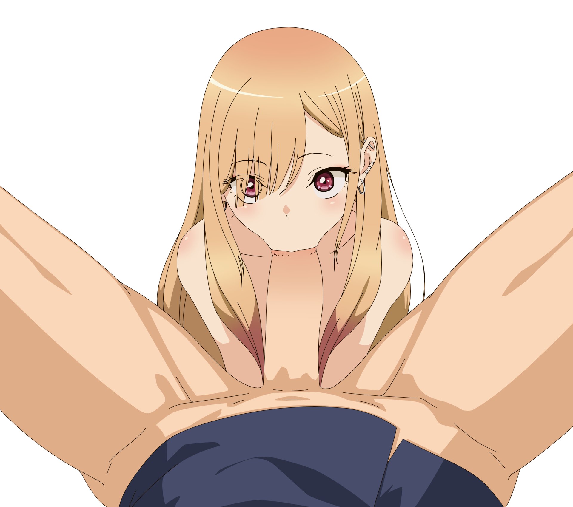 1boy, 1girls, blonde hair, blowjob, eye contact, felipe godoy, fellatio, female, fringe, gojou wakana, gyaru, imminent deepthroat, kitagawa marin, light skin, light-skinned female, looking at viewer, male, medium penis, oral, petite, pink eyes, pov, red hair, sono bisque doll wa koi wo suru, two-tone hair