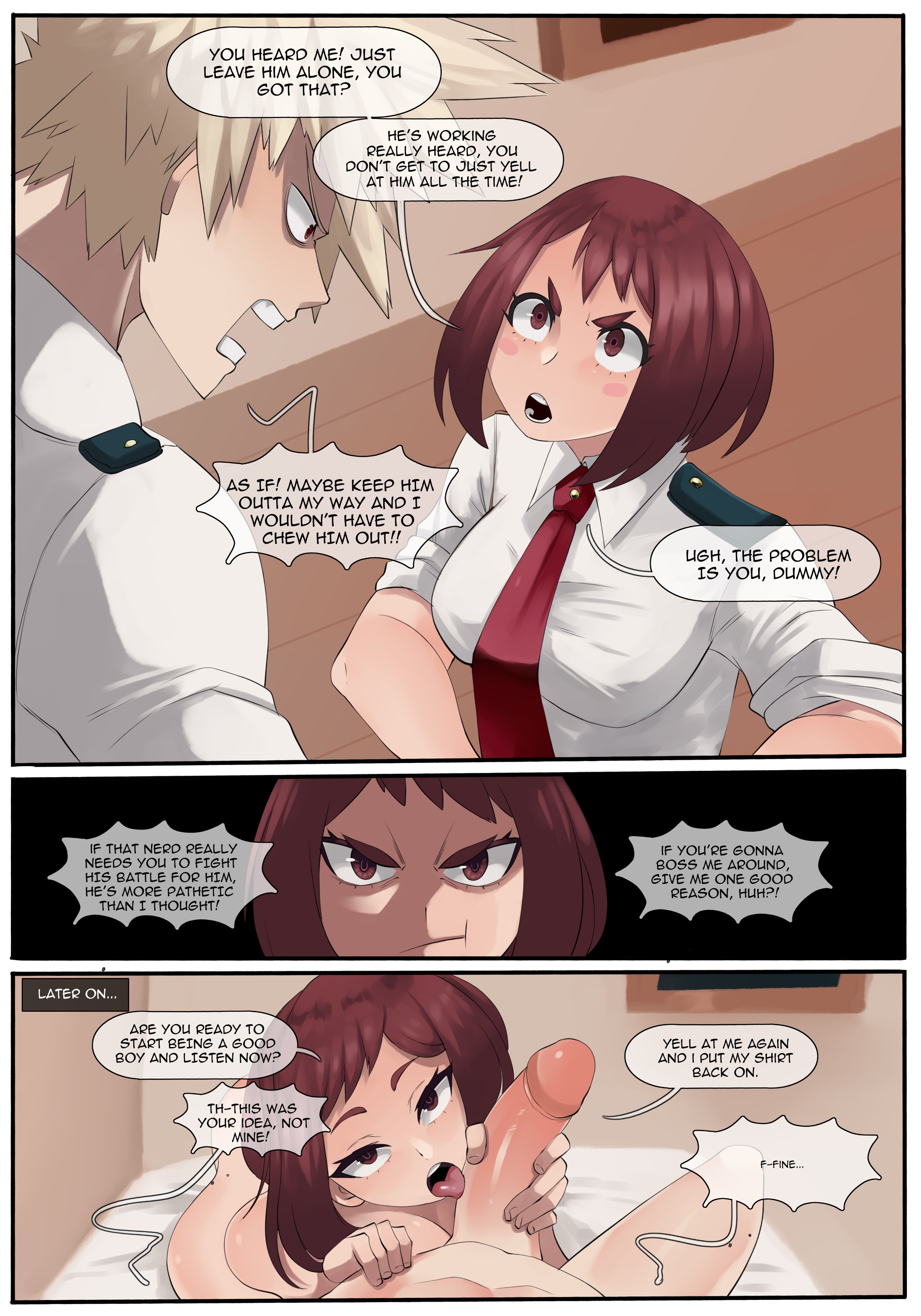 1boy, 1girls, blonde hair, blonde-haired male, brown hair, brown-haired female, cheating, comic, dialogue, english text, female, femdom, genitals, hand on penis, hetero, katsuki bakugou, kinjero, licking penis, male, male/female, malesub, my hero academia, ochako uraraka, penis, penis grab, penis lick, punishment, servant, speech bubble, spiky hair, straight, text, tongue, tongue out