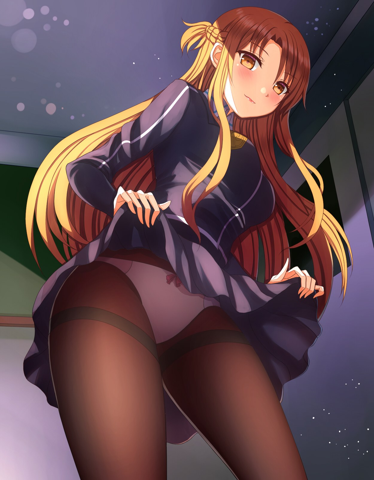 1girls, blush, brown eyes, brown hair, female, highres, panties under pantyhose, pantyhose, skirt, smile, solo, sword art online, thighs, underwear, upskirt, yozu (yozu0420), yuuki asuna