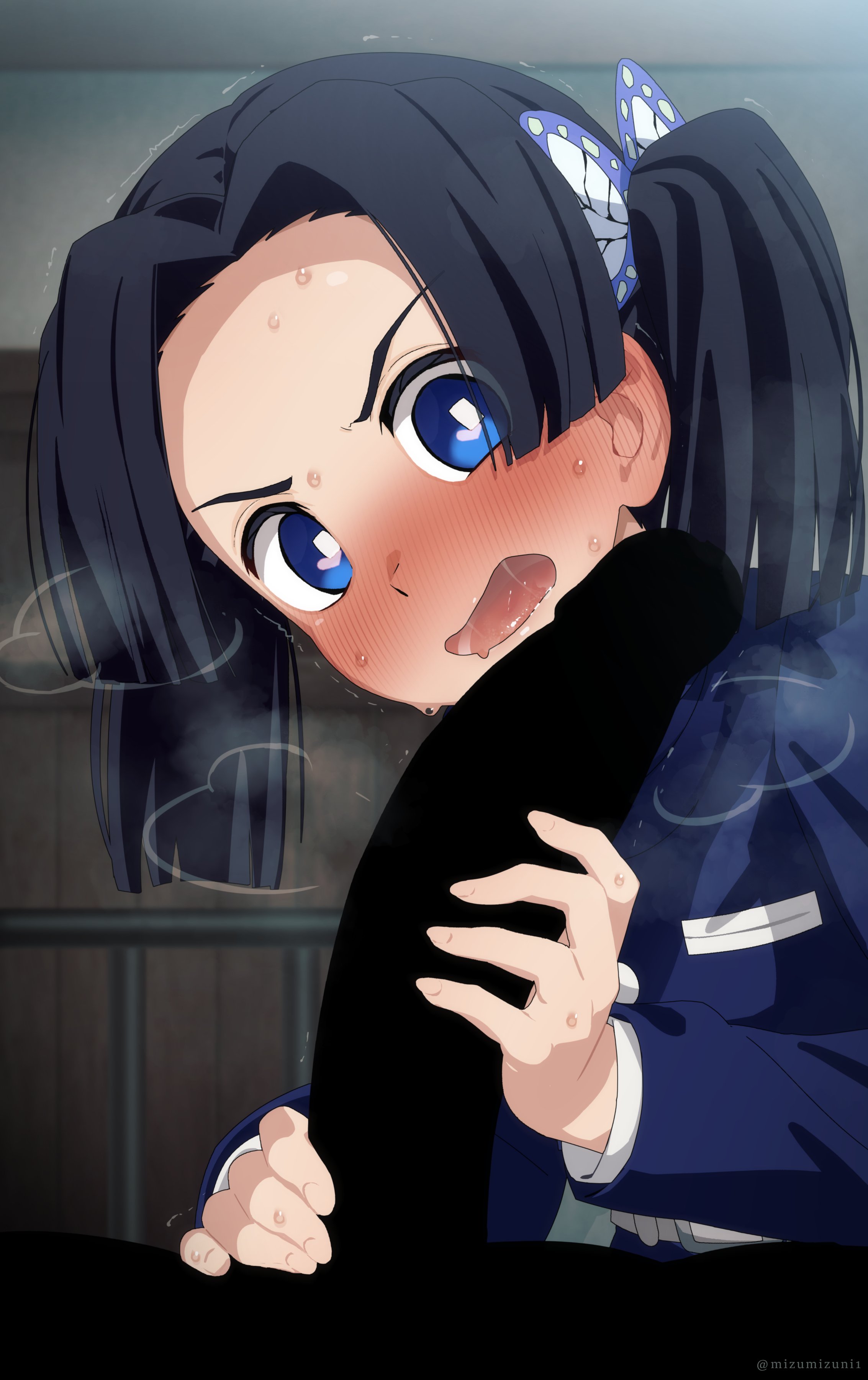 1boy, 1girls, alternate version available, blue eyes, blush, censored, clothed female, demon slayer, female, grabbing penis, hair ribbon, heavy breathing, high resolution, huge cock, kanzaki aoi (kimetsu no yaiba), kimetsu no yaiba, large penis, male, mizumizuni, penis, sweat, twintails, veiny penis