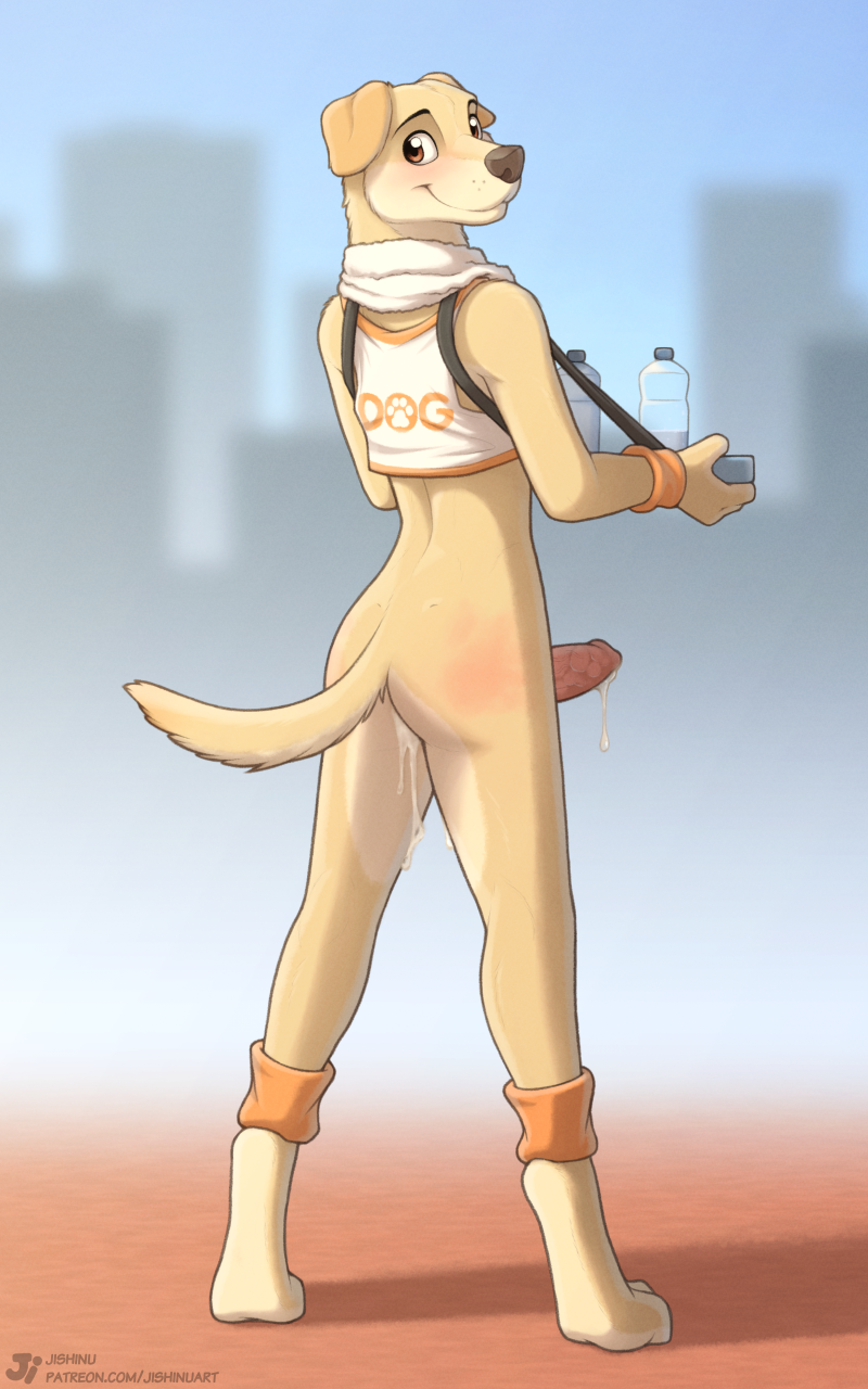 10:16 2022 anthro bird_dog blush bodily_fluids brown_eyes butt_pose canid canine canis casual_bottomless cum day detailed_background digital_media_(artwork) domestic_dog feet fingers fur furry genital_fluids genitals hi_res hunting_dog jishinu labrador looking_at_viewer male male_only mammal outside penis pose retriever sky smile solo tail toes