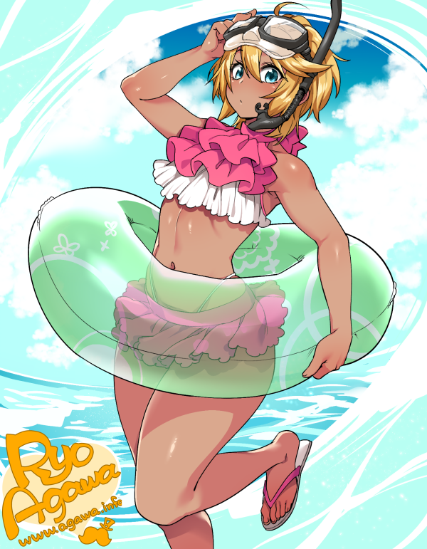 1boy 1other ambiguous_gender androgynous beach blonde_hair crossdressing dark_skin feet flat_chest flat_chested innertube possible_femboy possible_trap ryo_agawa sand sandals seaside skimpy_bikini swimsuit