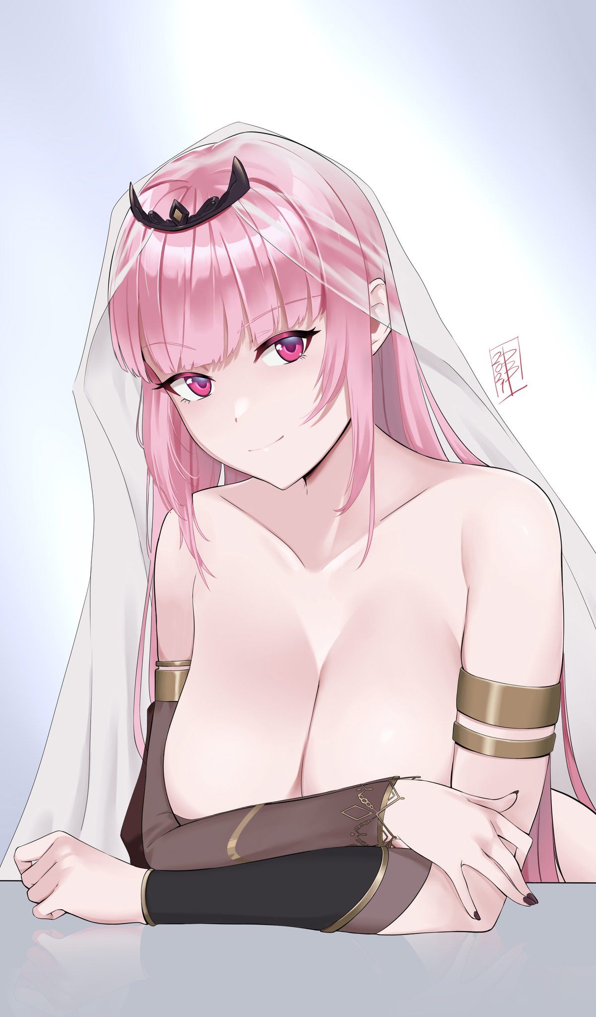 1girls big_breasts breasts cleavage damodar female female_only hololive hololive_english hololive_myth huge_breasts looking_at_viewer mori_calliope pink_eyes pink_hair solo solo_female tagme topless virtual_youtuber