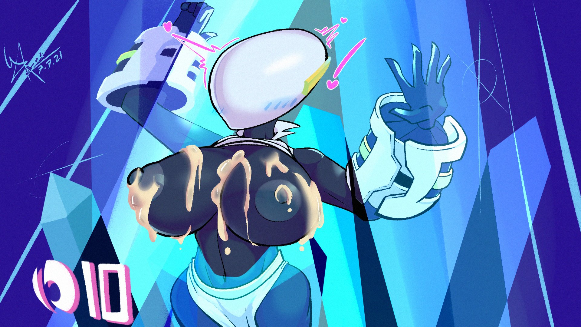 !, artificer (risk of rain), black skin, blue blush, blush, bracers, breasts, cum, cum on breasts, dark skin, digital drawing (artwork), digital media (artwork), exclamation, exclamation mark, exposed breasts, female, gameplay mechanics, heart, helmet, large breasts, loincloth, mscarlakarlson, nipples, risk of rain, risk of rain 2, shirt up, stuck, tagme, trapped, video games, white helmet