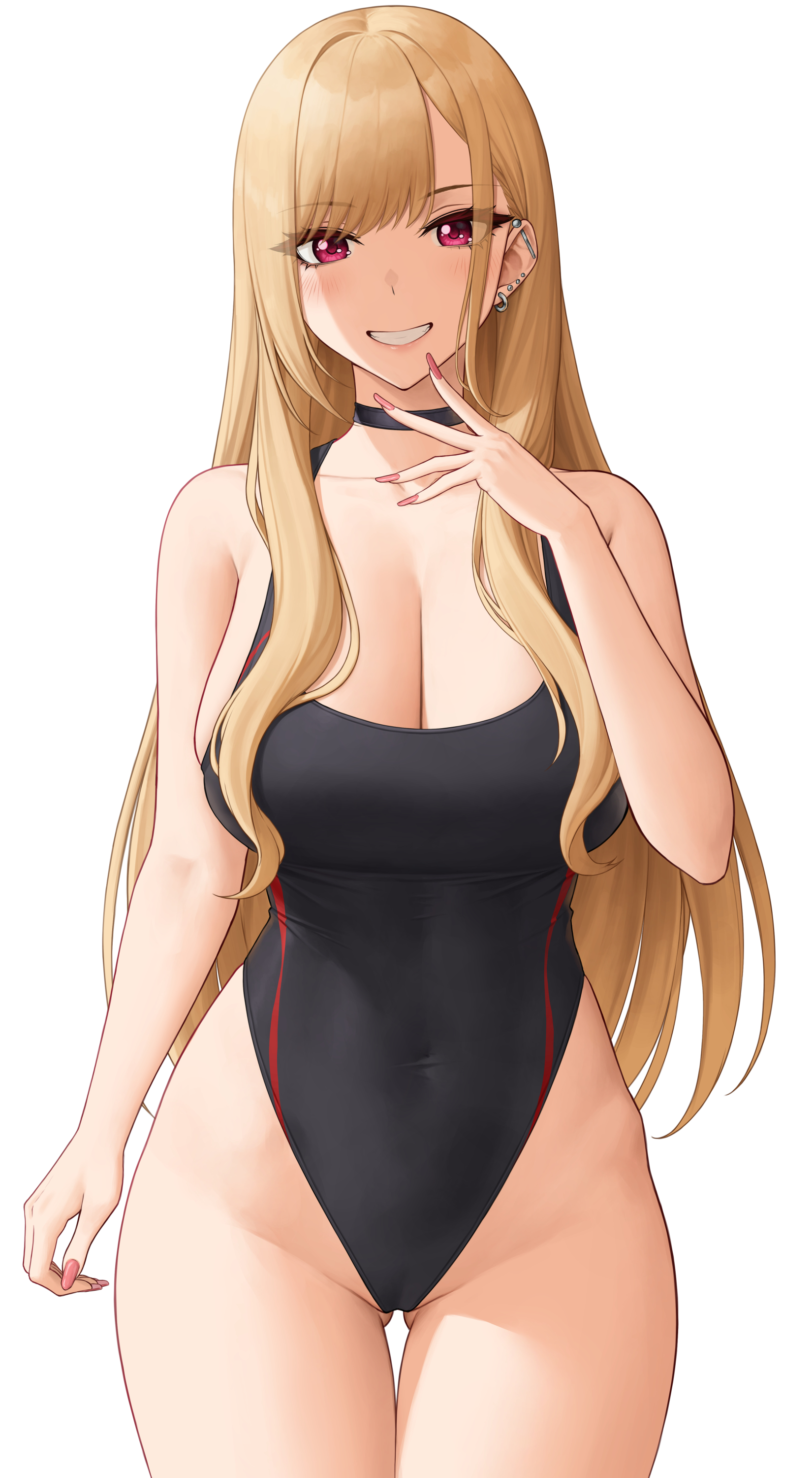 1girls, 2022, artist signature, black clothing, blonde hair, blush, breasts, cleavage, competition swimsuit, female, female only, gyaru, hi res, hips, huge breasts, kitagawa marin, long hair, looking at viewer, one-piece swimsuit, red eyes, simple background, slim waist, smile, sono bisque doll wa koi wo suru, thick thighs, thighs, white background, wide hips, zaphn