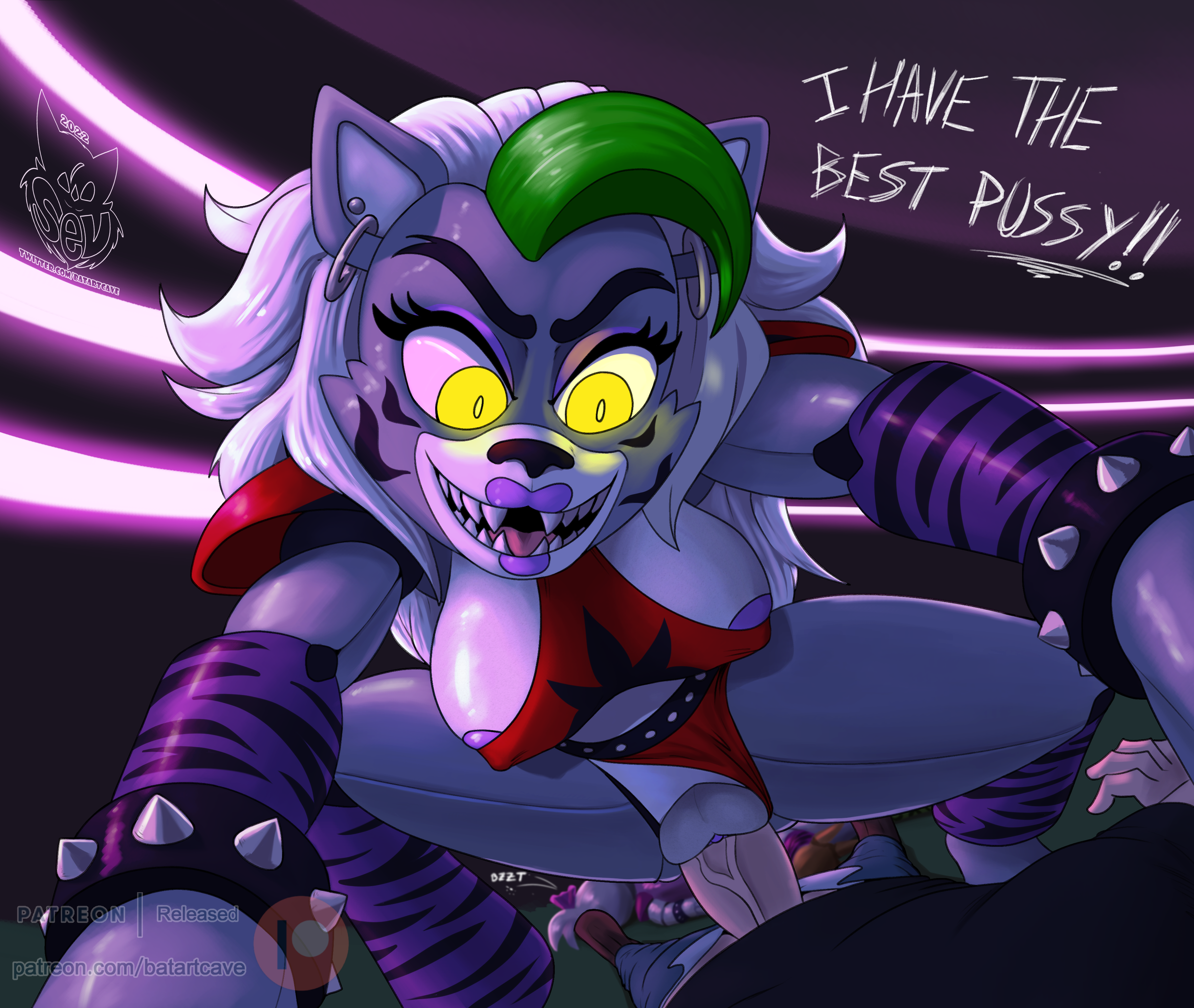 2022, absurd res, animatronic, anthro, areola, batartcave, breasts, canid, canine, canis, clothed, clothing, digital media (artwork), duo, ear piercing, eyebrows, eyelashes, female, female penetrated, five nights at freddy's, five nights at freddy's: security breach, genitals, hair, hi res, long hair, machine, male, male penetrating, male penetrating female, male/female, mammal, penetration, penis, piercing, purple areola, pussy, robot, roxanne wolf (fnaf), scottgames, sex, solo focus, teeth, text, tongue, tongue out, url, vaginal penetration, vein, video games, wolf