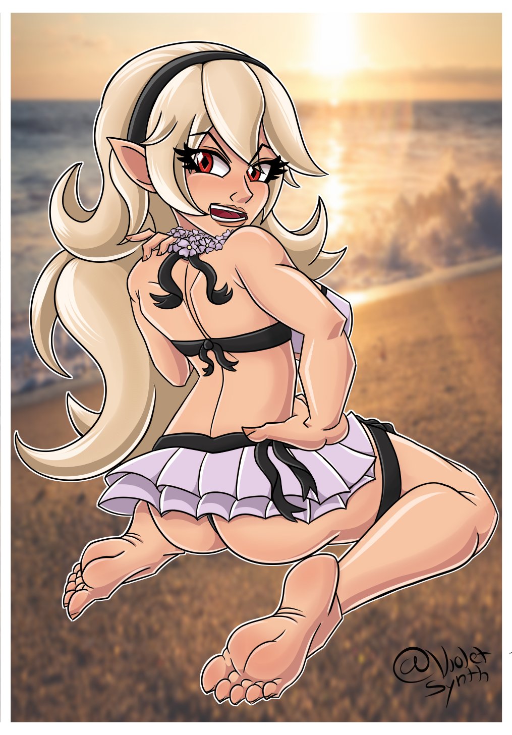 1girls alternate_costume ass back_view beach bikini corrin_(fire_emblem) corrin_(fire_emblem)_(female) corrin_(summer)_(fire_emblem)_(female) feet fire_emblem fire_emblem_fates fire_emblem_heroes hairband looking_at_viewer looking_back nintendo official_alternate_costume red_eyes soles solo swimsuit toes violetsynth white_bikini white_swimsuit