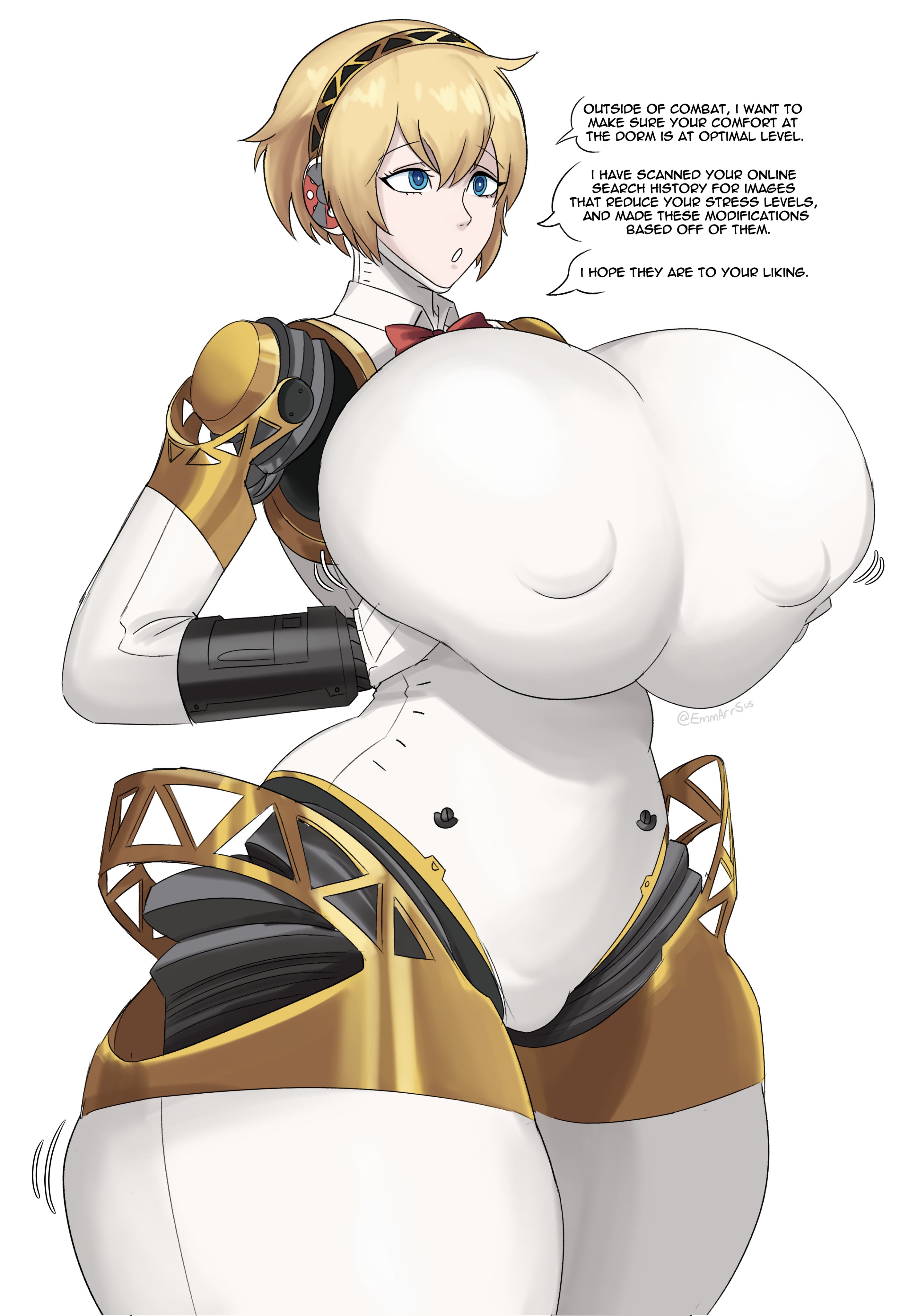 1girls, aigis (persona), alternate breast size, android, areolae, big breasts, breast expansion, breasts, dialogue, emmarrgus, female, female only, gigantic breasts, huge breasts, mechanical, persona, persona 3, robot, robot girl, solo, solo female, text, thick thighs, voluptuous