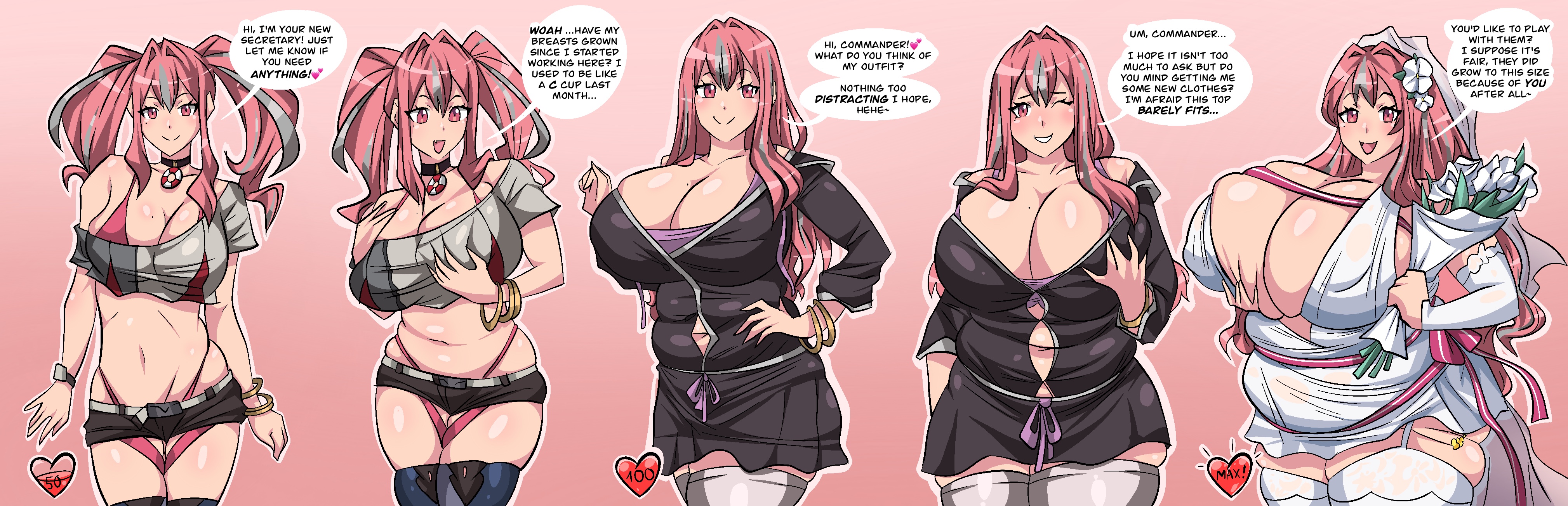 ass, ass expansion, assthethick, azur lane, belly, belly expansion, big ass, big belly, big breasts, bloated, bloated belly, bloated stomach, body growth (enlargement), breast expansion, breast growth (enlargement), breasts, breasts bigger than head, bremerton (azur lane), bremerton (relaxation consultation) (azur lane), brown hair, bubble ass, bubble butt, chubby, chubby female, cleavage, comic, crop top, dialogue, digital media (artwork), drunk, drunk bubble, drunk female, english text, fat, fat ass, female, female focus, flower in hair, gigantic breasts, huge ass, huge breasts, hyper breasts, in love, in love with viewer, kimono, large ass, large breasts, mole on breast, muffin top, obese, obese female, overweight, overweight female, pink eyes, pink hair, thick thighs, transformation, venus body, wedding dress, wedding veil, weight gain, weight gain female, weight gain sequence