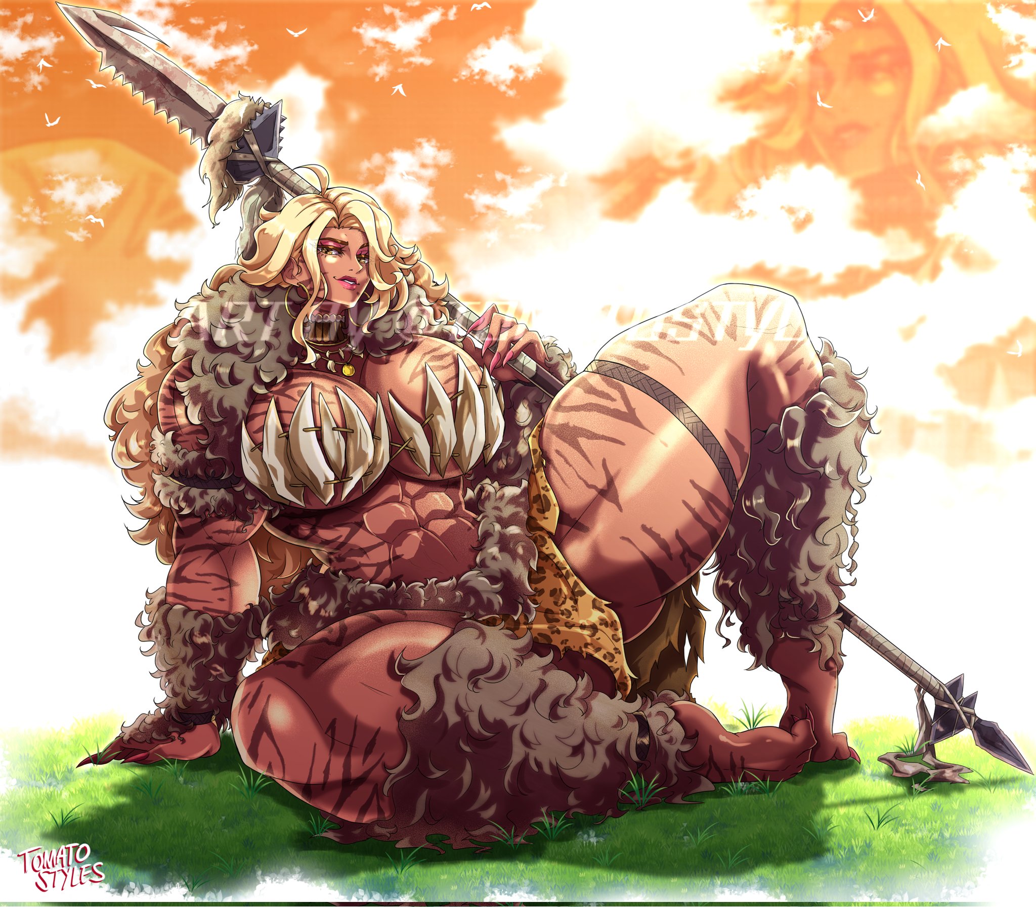 1girls, artist name, barbarian, barbarian woman, big breasts, big thighs, blonde female, blonde hair, breasts, buff, buff female, chubby thighs, commission, curvaceous, curvaceous female, fur clothing, holding weapon, large thighs, laying down, markings, musclegut, muscular, muscular female, original, original character, outside, solo, spear, strong female, strong woman, strongfat, tan skin, tan-skinned female, tattoo, thick thighs, thighs, tiger tattoo, tomatostyles, tribal, tribal markings, zanna(tomatostyles)