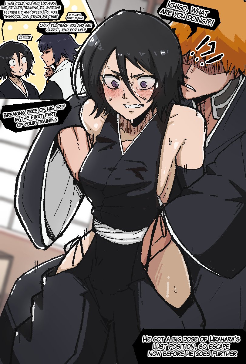 1boy, 1girls, 2girls, black hair, black-haired female, bleach, breast grab, comic, cosplay, english text, female, ichigo kurosaki, implied fingering, kuchiki rukia, kurosaki ichigo, male, mark gavatino, multiple girls, nonconsensual, orange hair, orange-haired male, purple eyes, restrained, short hair, soifon, soifon (cosplay), straight, sui-feng, sui-feng (cosplay), text, training, tricked