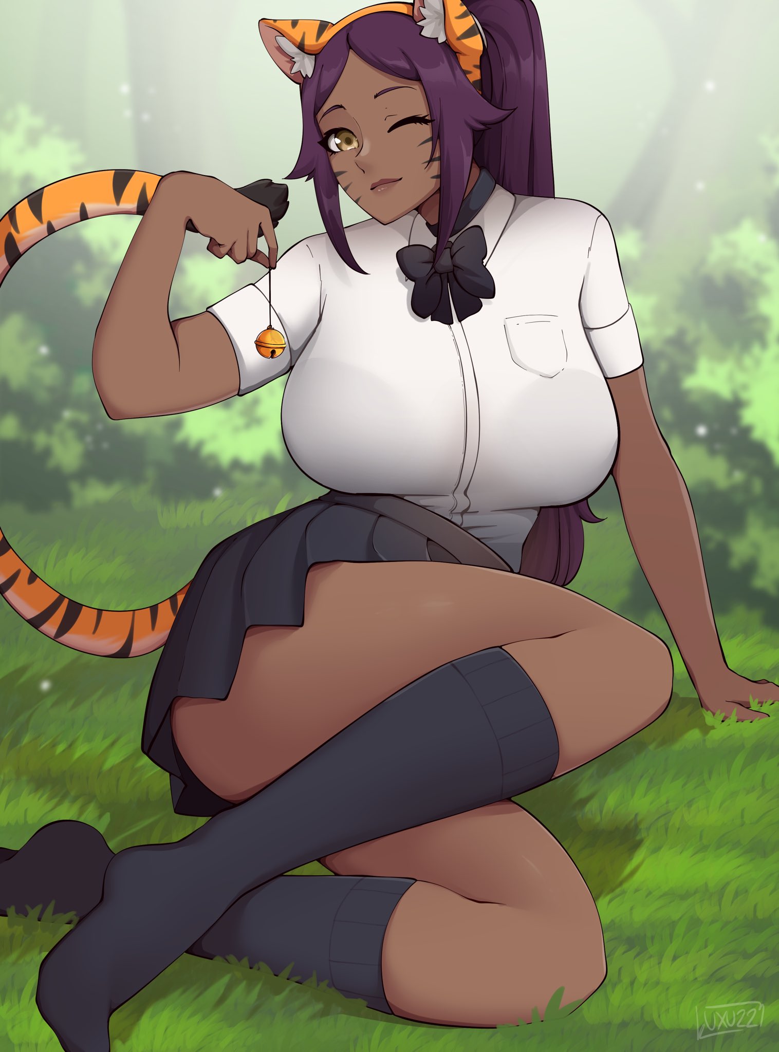 1girls, big breasts, bleach, breasts, dark skin, dark-skinned female, female, female only, fully clothed, long hair, luxurias, one eye closed, purple hair, school uniform, shihouin yoruichi, skirt, socks, solo, thick thighs, thighs, tiger ears, tiger tail