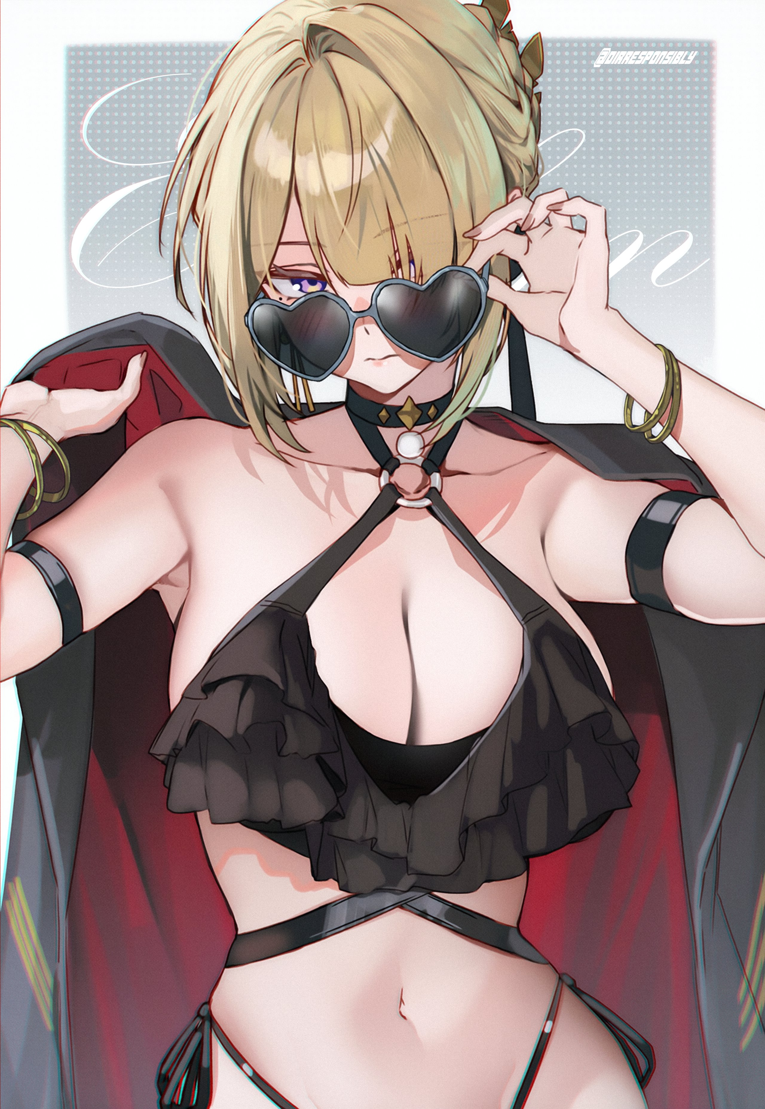 1girls, bangs, big breasts, bikini, black bikini, blonde hair, bracelet, braid, breasts, cape, cleavage, collarbone, evelyn chevalier, eyepatch, female, female only, jewelry, large breasts, looking at viewer, looking over eyewear, looking over sunglasses, navel, purple eyes, shuraillusts, side-tie bikini, smile, solo, sunglasses, swimsuit, tinted eyewear, zenless zone zero